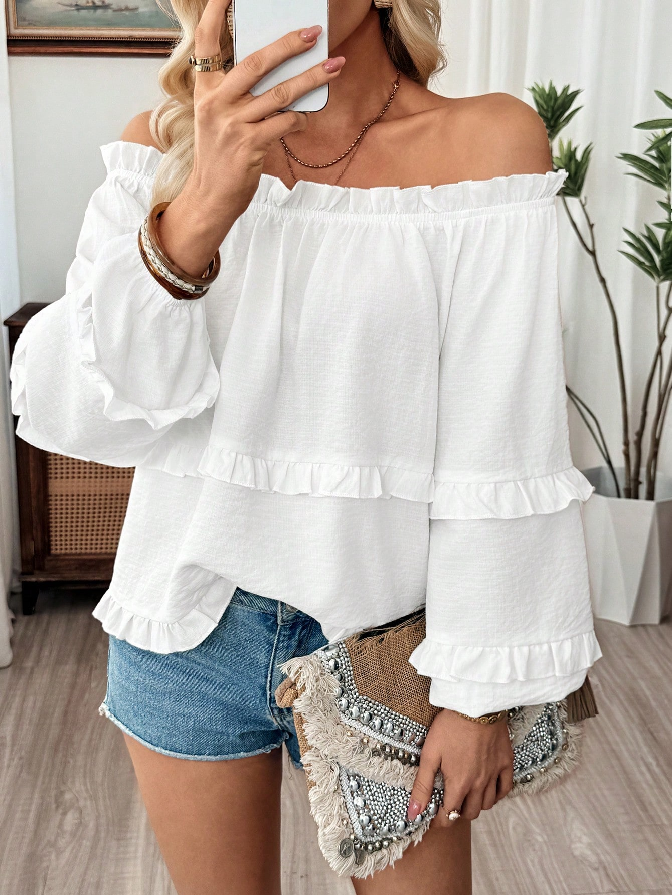 Women's Solid Frill Trim Off-Shoulder Summer Blouse