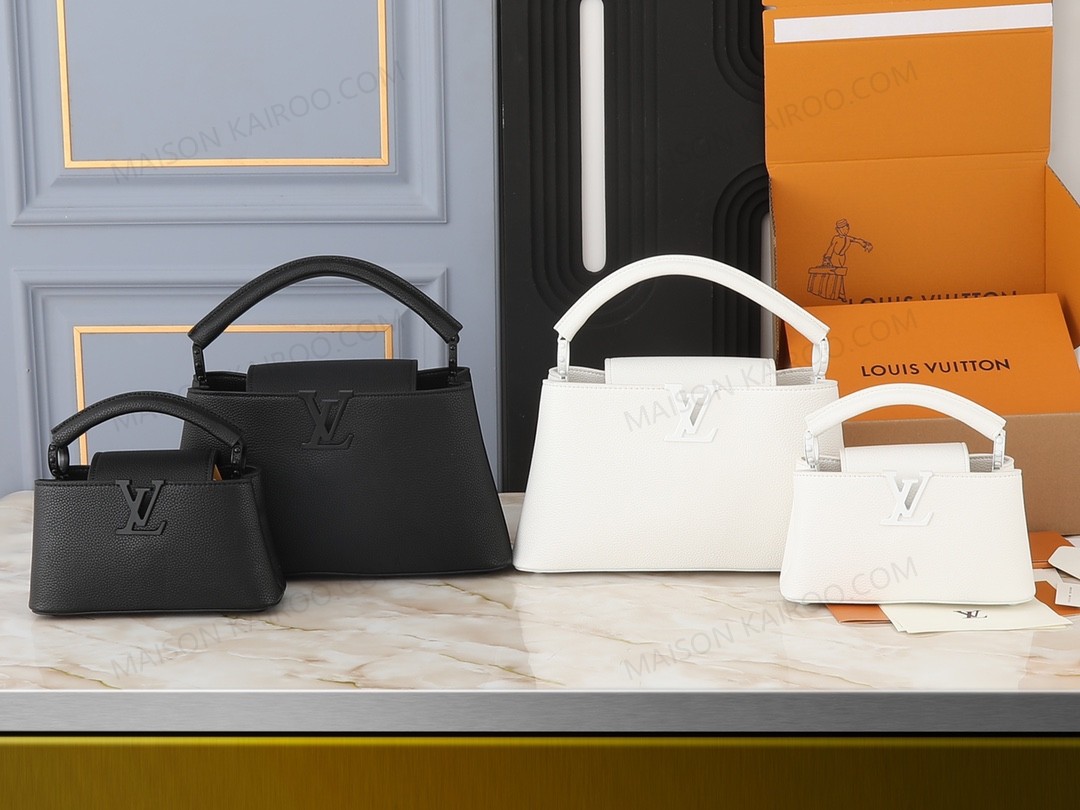 Louis Vuitton LV Capucines East West & Mini White/Black Grained Leather Tone Logo Horizontal Top Handle Bag - KAIROO