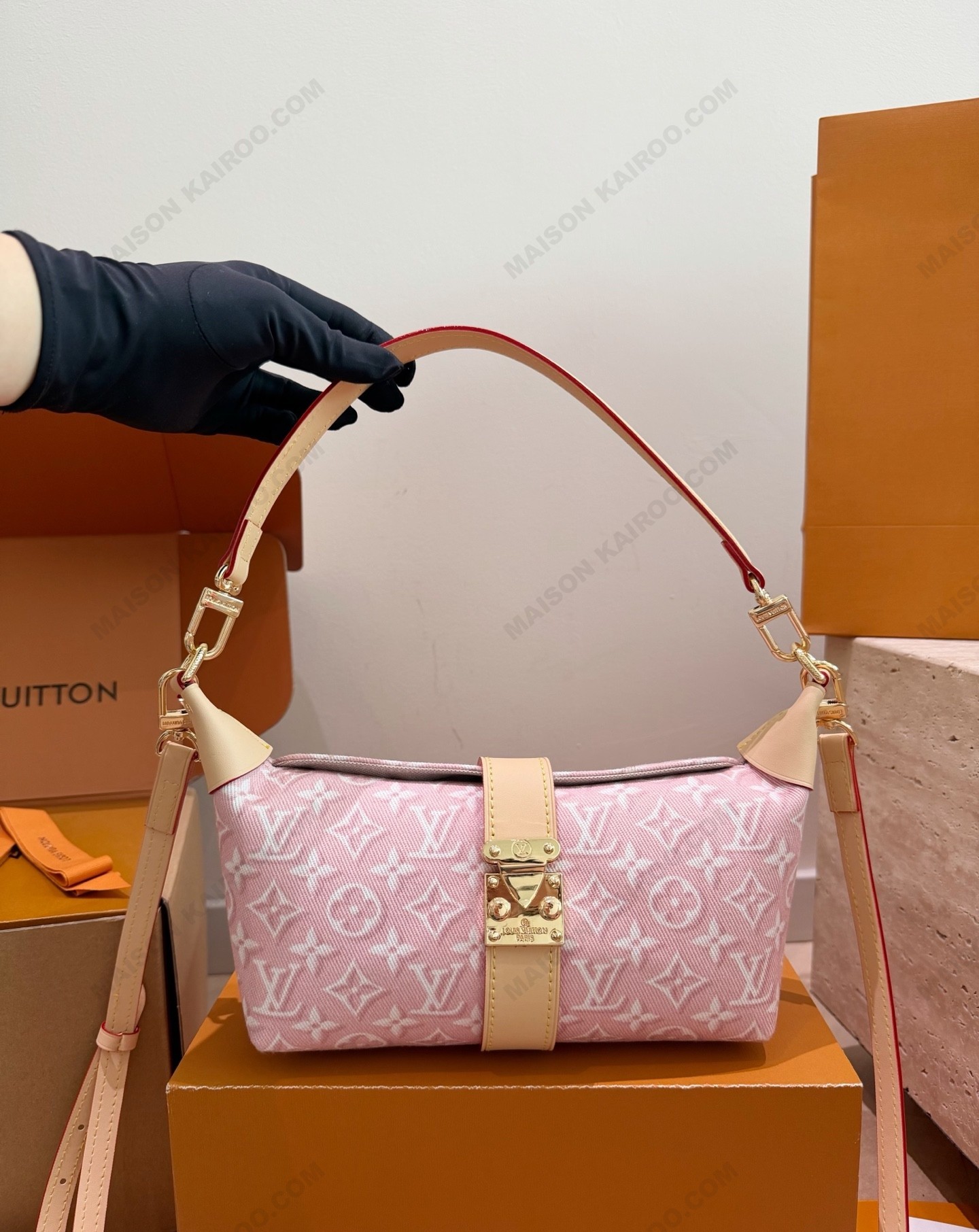 Louis Vuitton LV Pochette Mia Pink Denim Monogram S-Lock Horizontal Baguette Hobo Croissant Shoulder Bag - KAIROO