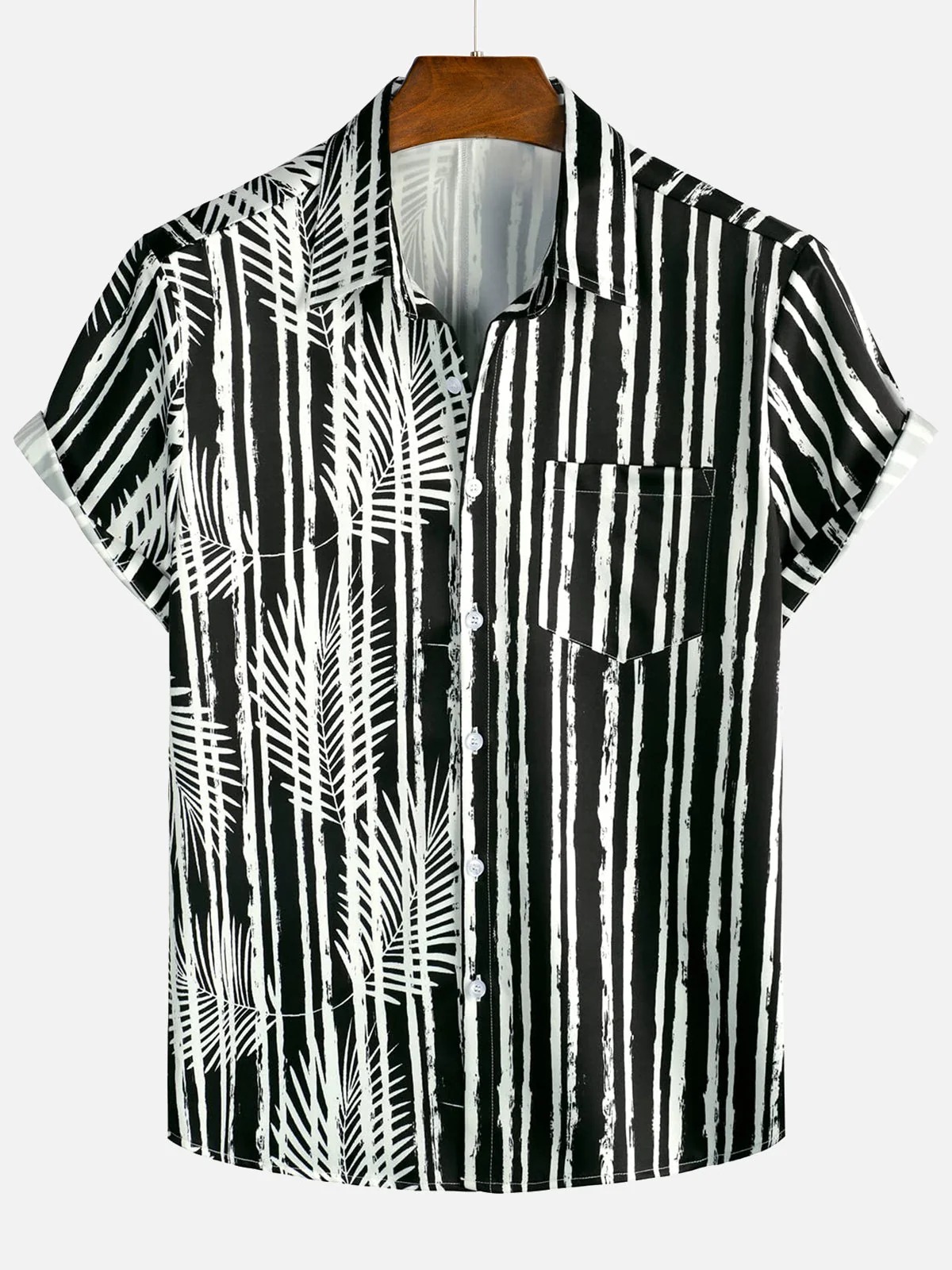 Men's Black Tropical Plant Print Pocket Hawaiian Short Sleeve Shirt