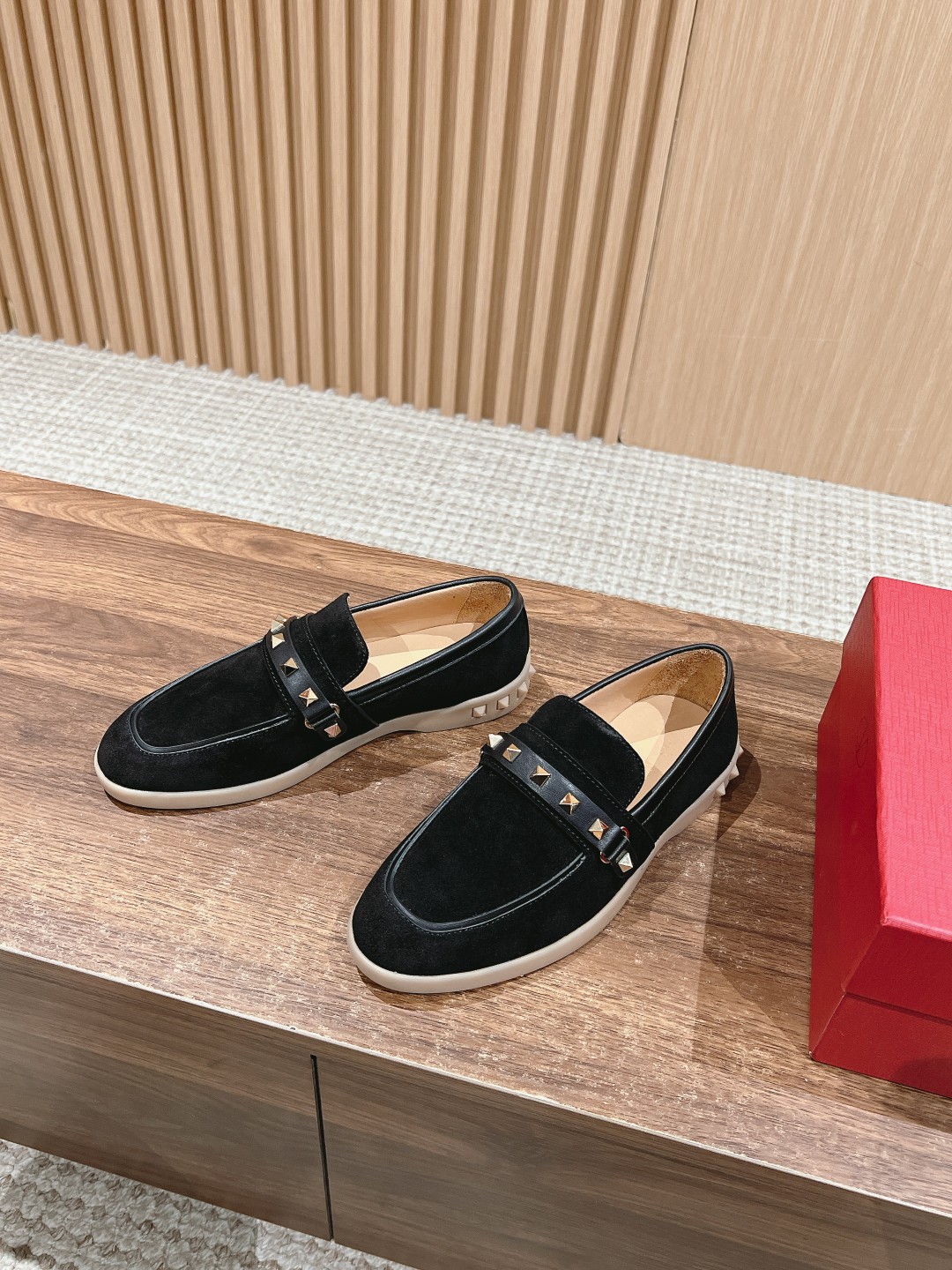 Valentino Garavani Black Suede Leather Gold Rockstud Untitled Strap Rubber Sole Loafers - KAIROO