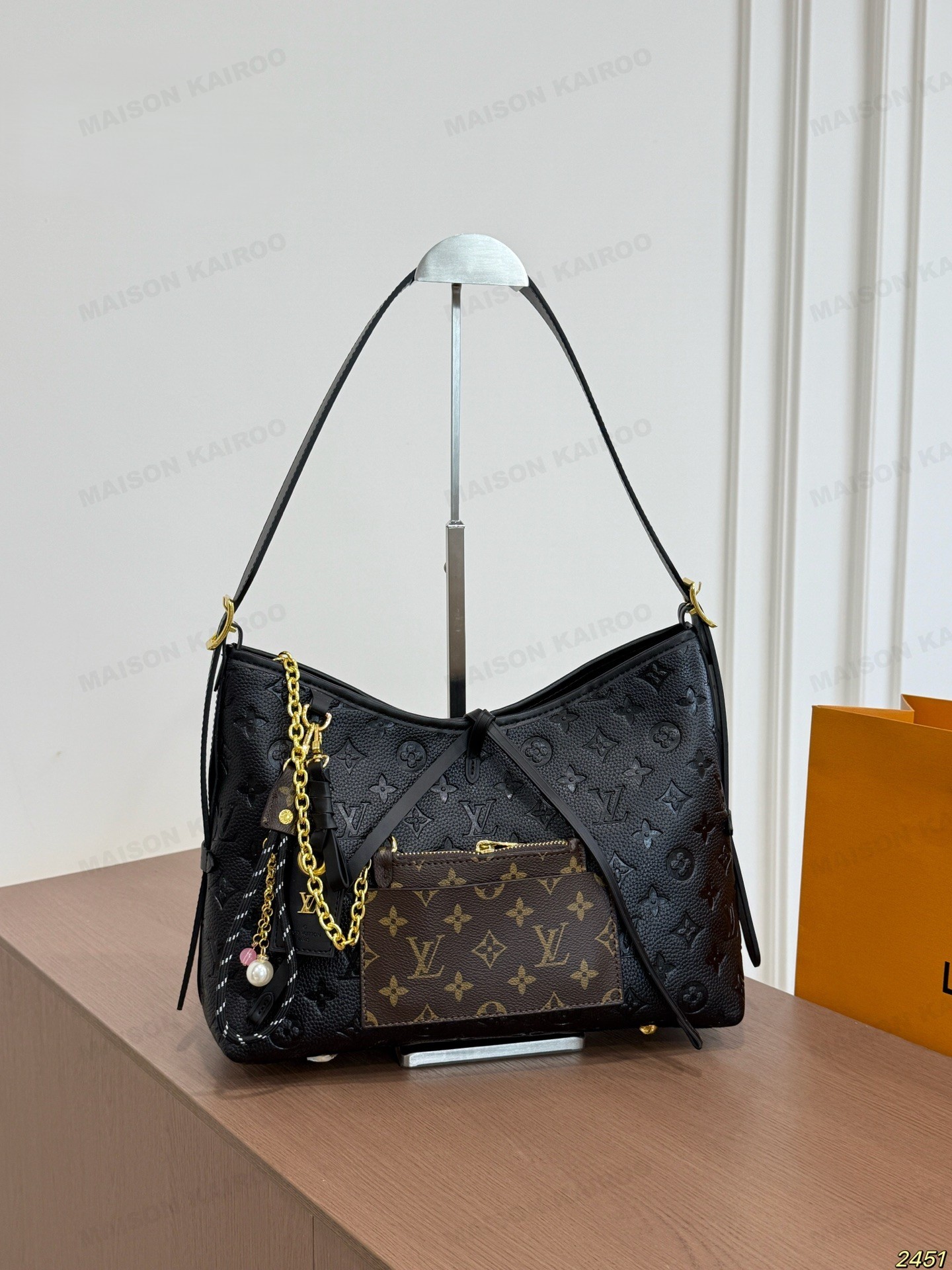 Louis Vuitton LV Carryall PM Black Monogram Empreinte Leather Front Pouch Hobo Tote Shoulder Bag - KAIROO