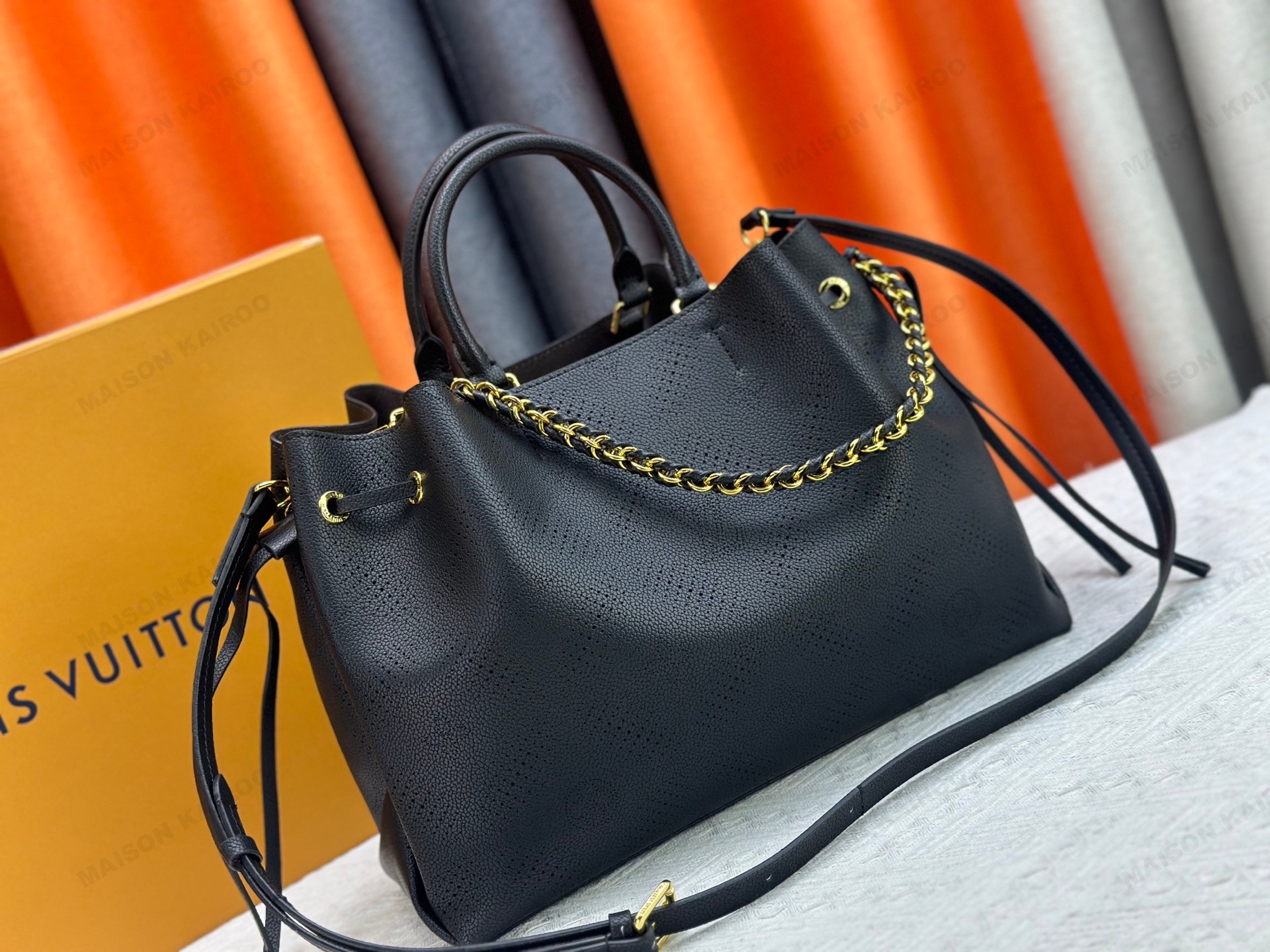 Louis Vuitton LV Mahina Bella Tote Black Circle Perforated Monogram Leather Drawstring Bucket Top Handle Bag - KAIROO