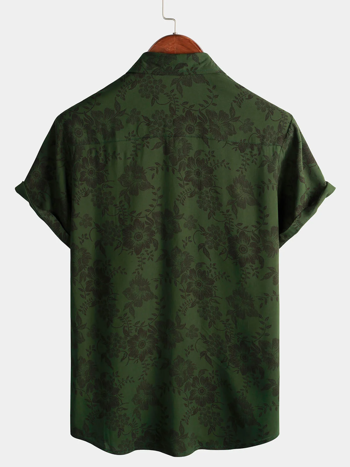 Men's Vintage Dark Green Floral Hawaiian Soft Beach Vacation Button-Up Short Sleeve Shirt
