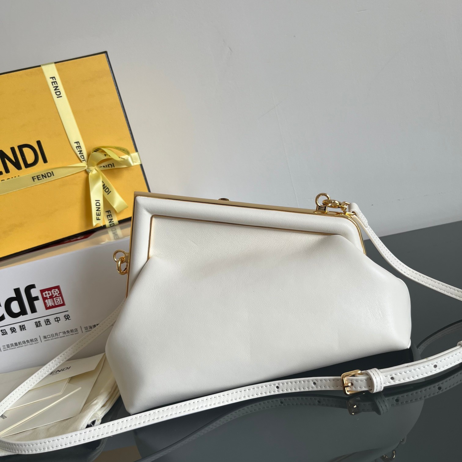 Fendi White Small Nappa Leather Clutch with Oversized Metal F Clasp - KAIROO