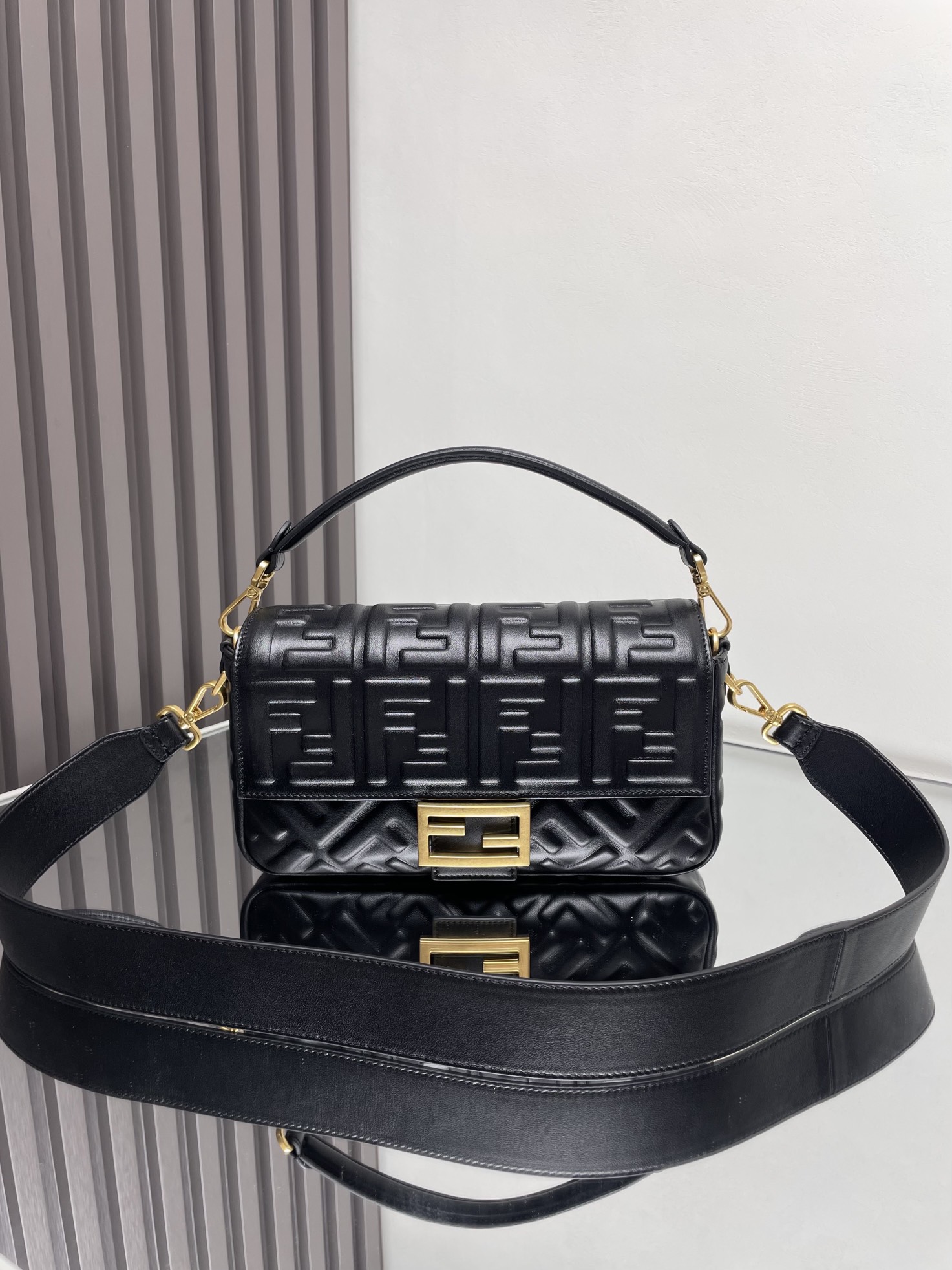 Fendi Medium Baguette FF Embossed Leather Bag-Black