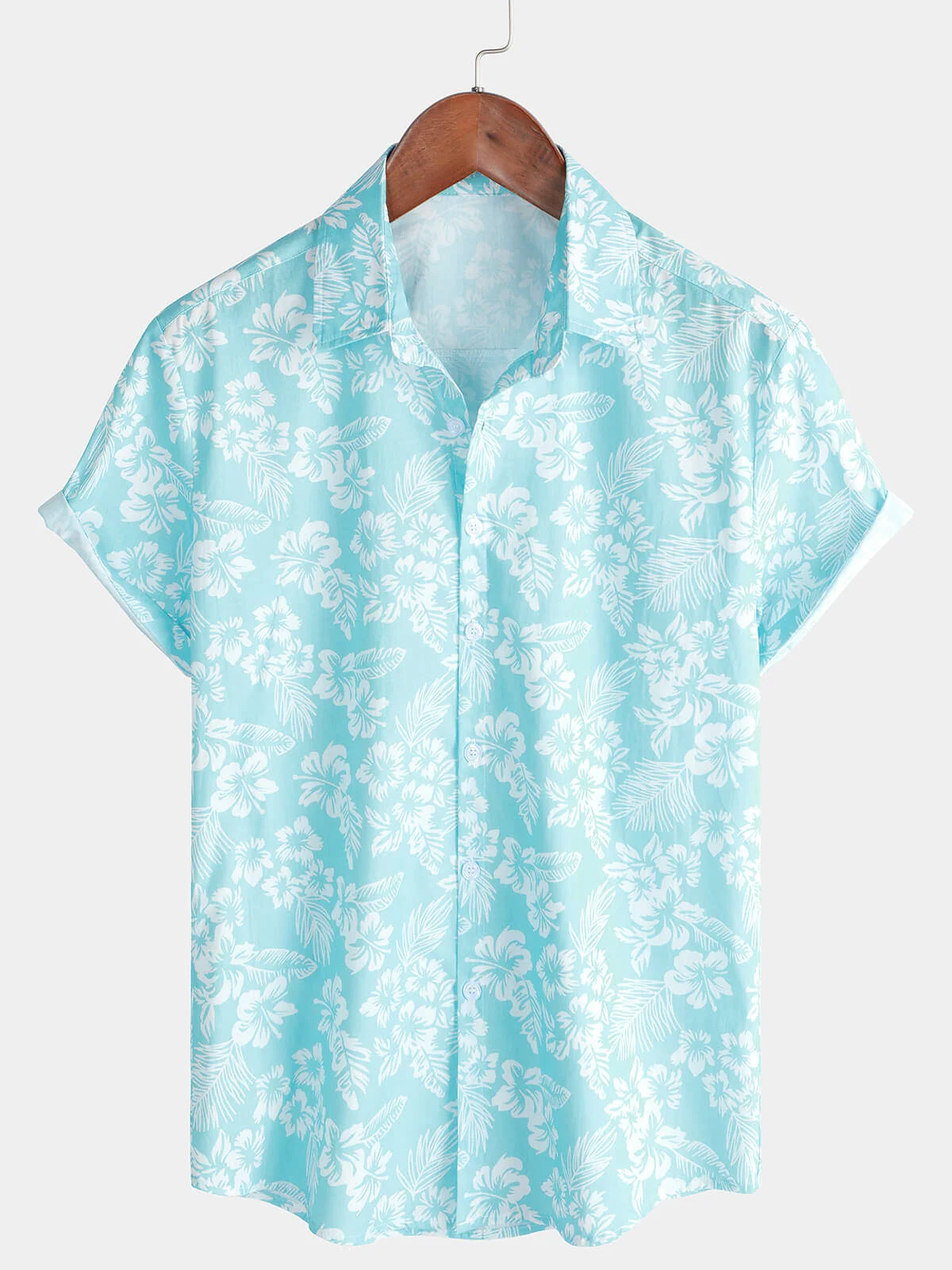 Men's Blue Hawaiian Floral Button-Up Short Sleeve Shirt