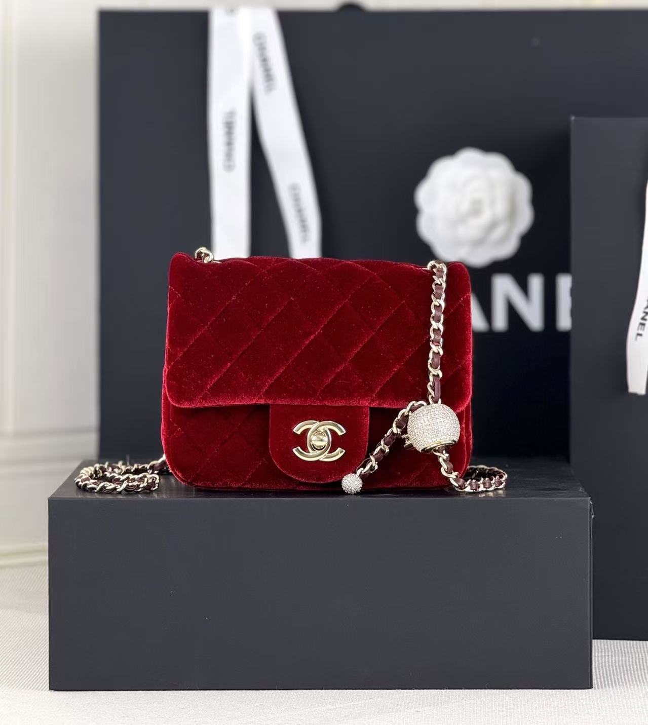 Chanel Metal CF Velvet Diamond Small Gold Ball Crossbody Bag
