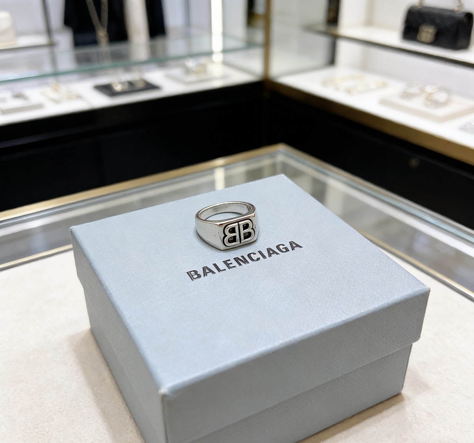 Balenciaga BB Icon Embossed Square Face Silver Tone Signet Ring - KAIROO