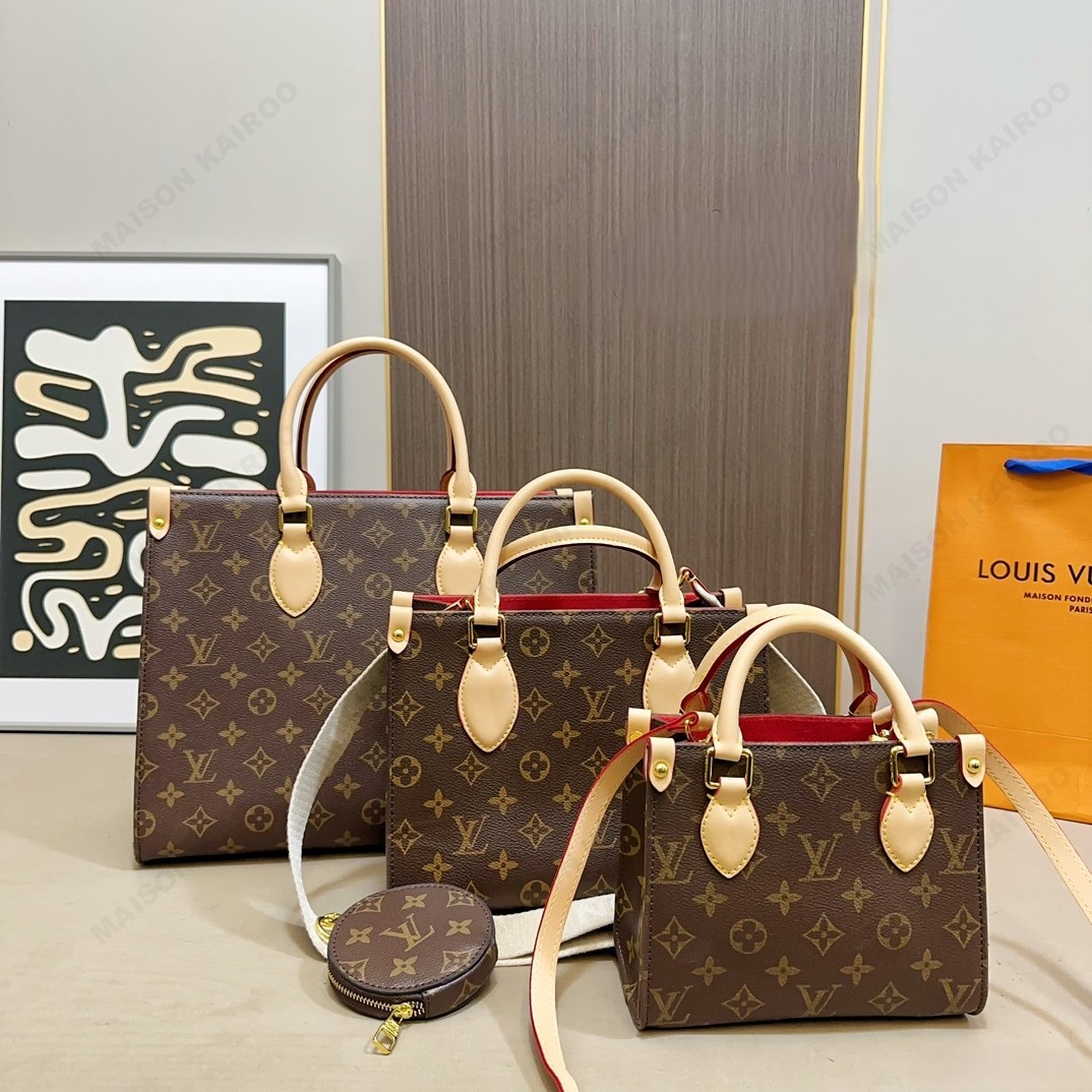 Louis Vuitton LV OnTheGo BB/PM/MM Monogram Brown Coated Canvas Leather Tote Top Handle Bag - KAIROO