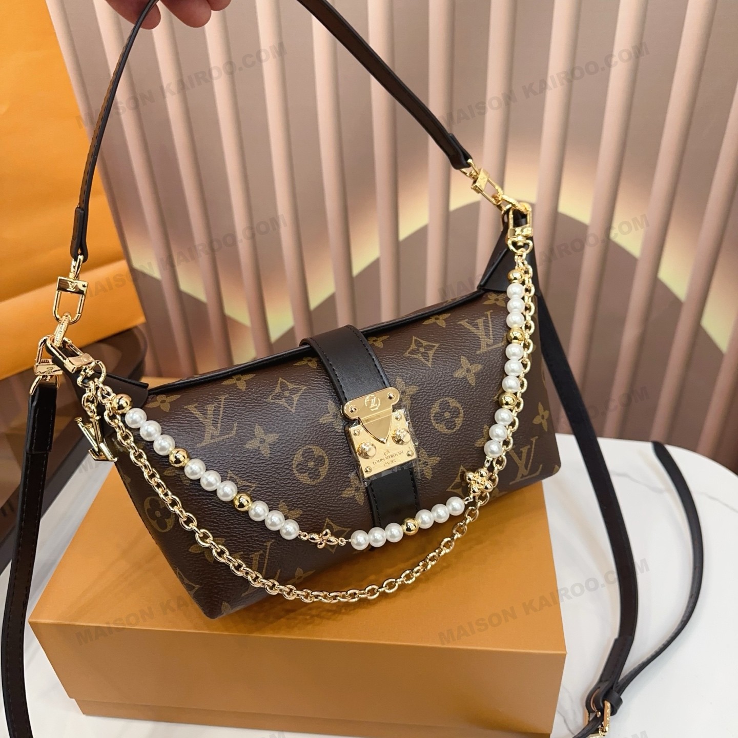 Louis Vuitton LV Pochette Mia Black Monogram Canvas Pearl Chain S-Lock Baguette Hobo Croissant Shoulder Bag - KAIROO