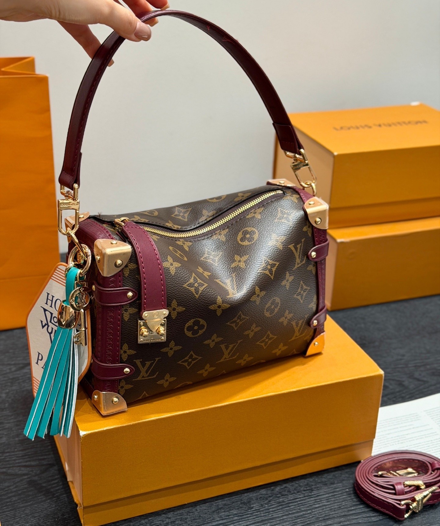 Louis Vuitton LV Side Trunk MM Monogram Canvas Burgundy Trim S-Lock Soft Shoulder Bag - KAIROO