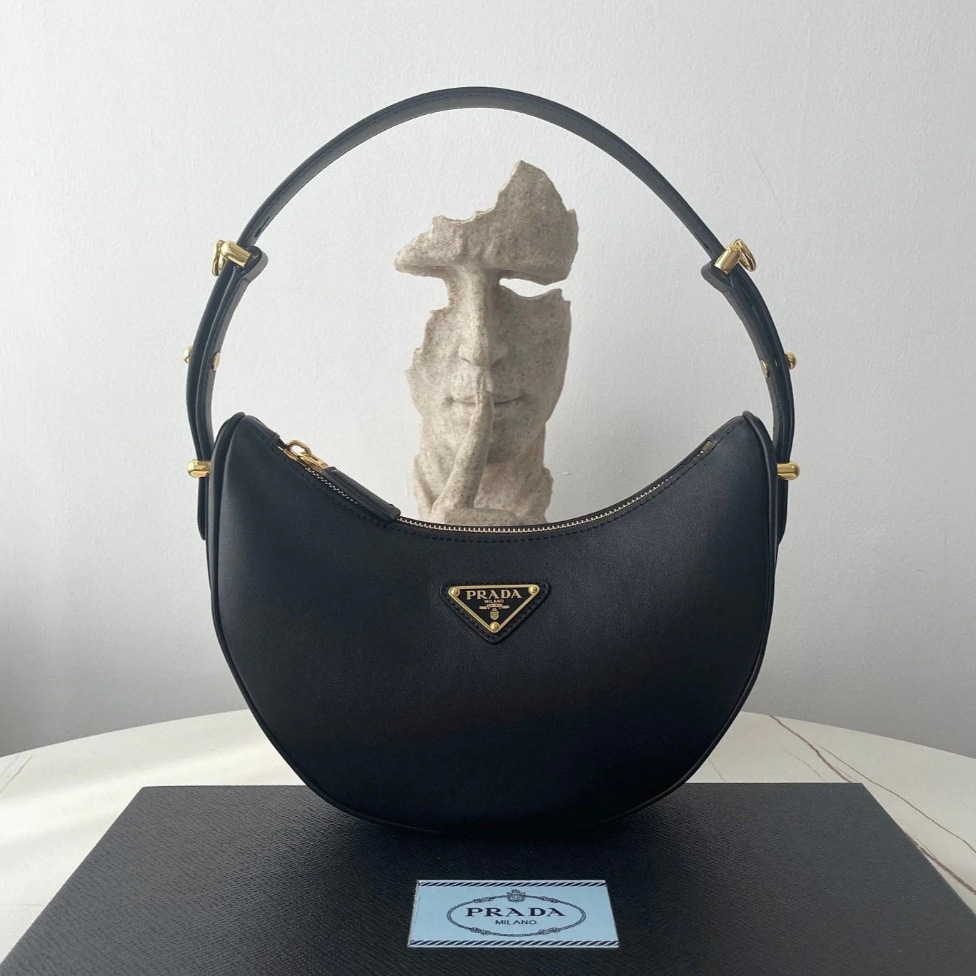 Prada ARQUÉ 22 SHOULDER BAG IN BLACK LEATHER