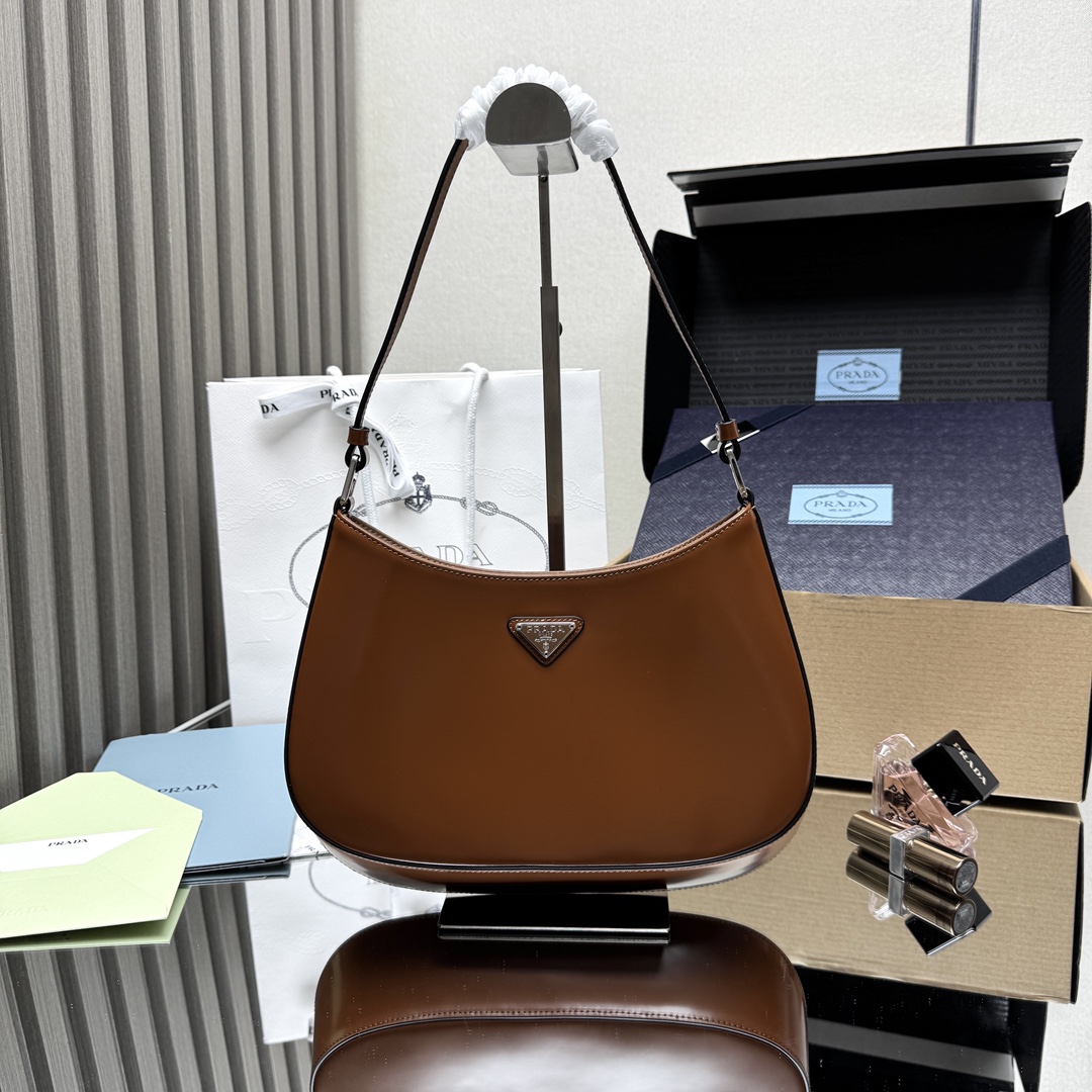 Prada Cleo brushed leather shoulder bag-Brown 1BC499