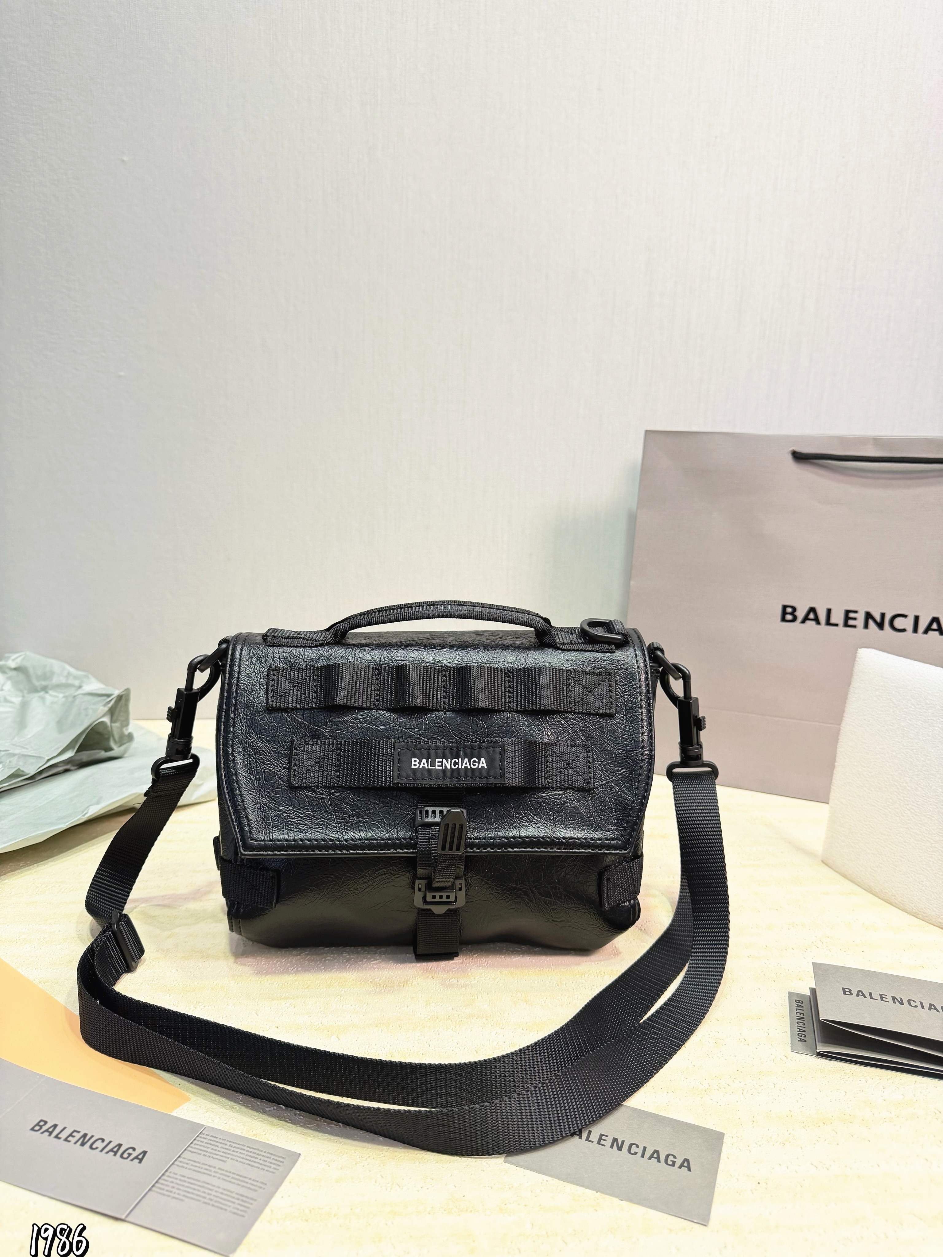 Balenciaga Army Tactical Webbing Crinkled Leather Webbing Strap Crossbody Messenger Bag - KAIROO