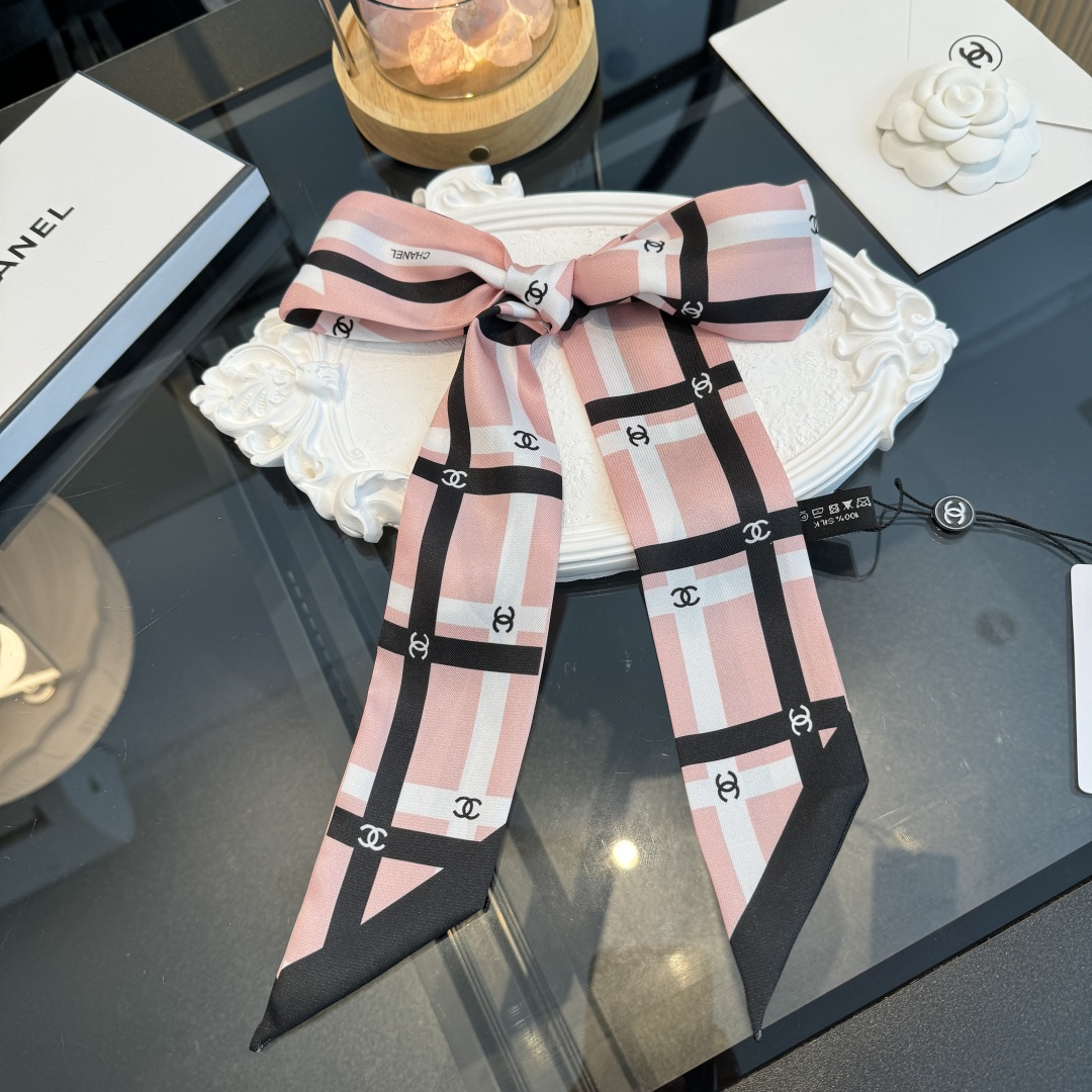 Chanel Twilly Pink & Black Plaid Pattern Double-Sided Silk Twill Slim Scarf with CC Logo - KAIROO