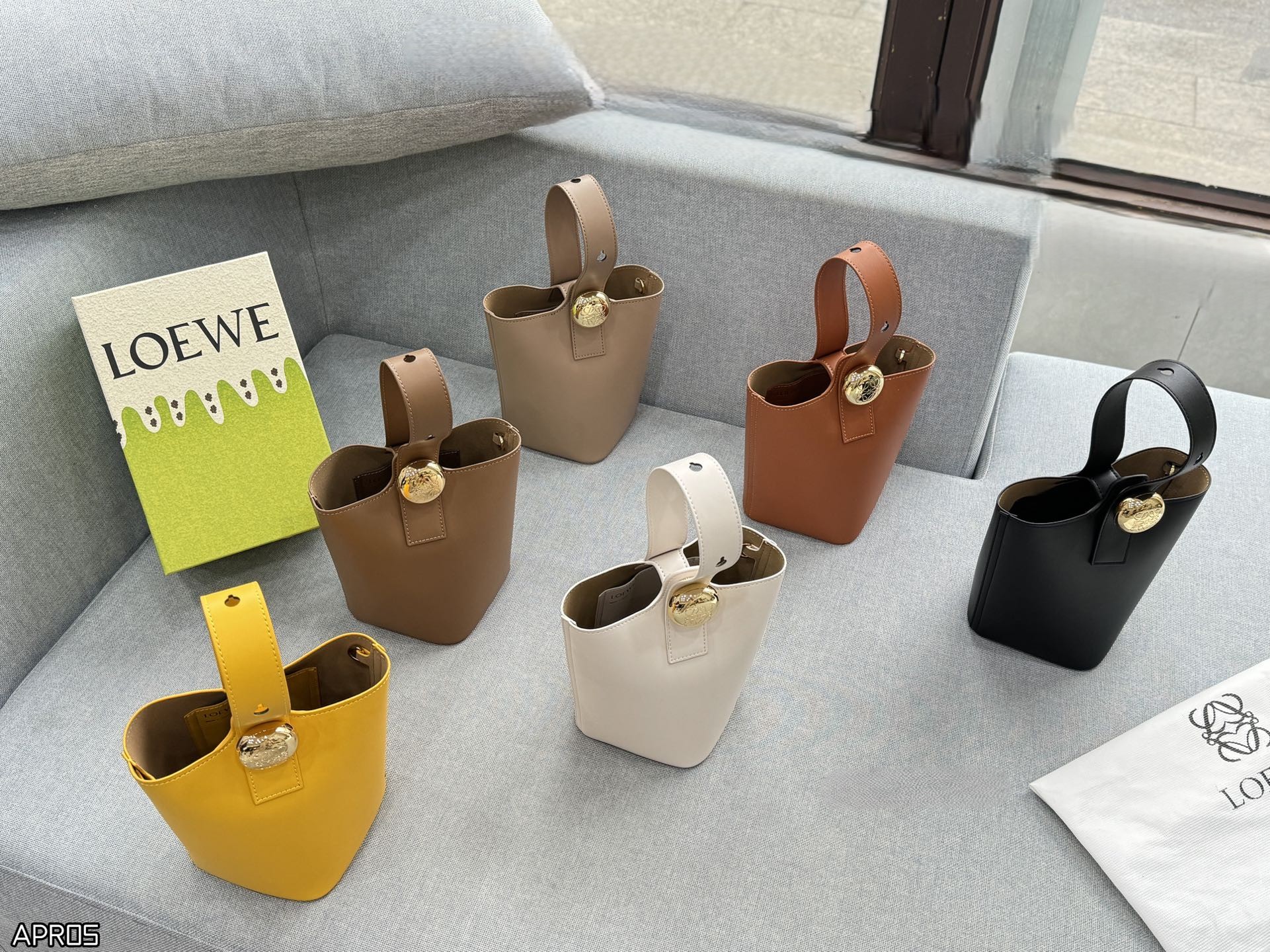 Loewe Small Leather Anagram Gold Hardware Pebble Bucket Handle Crossbody Bag - KAIROO