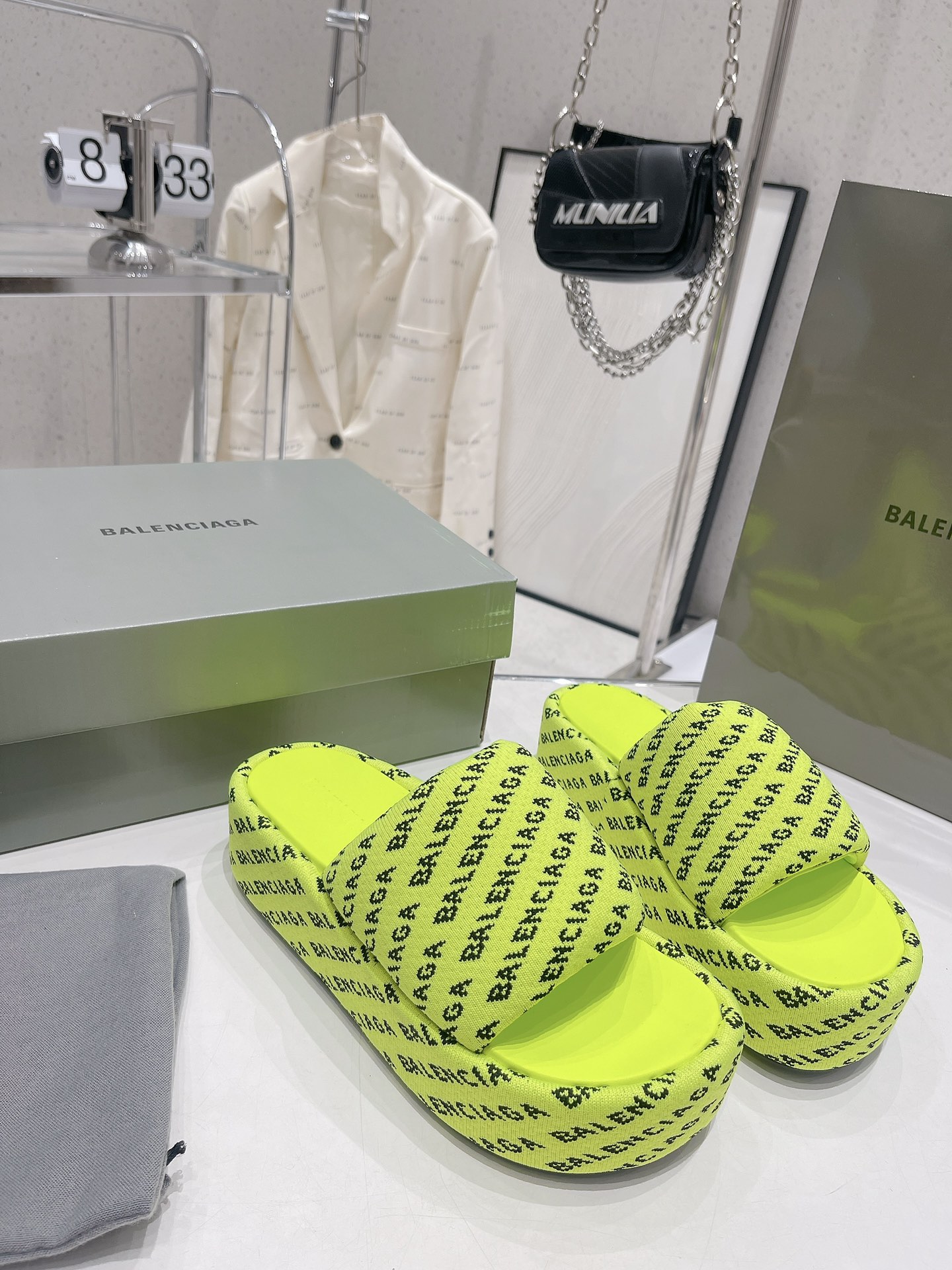 Balenciaga All-over Monogram Logo Knit Wide Upper Strap Platform Slippers - KAIROO