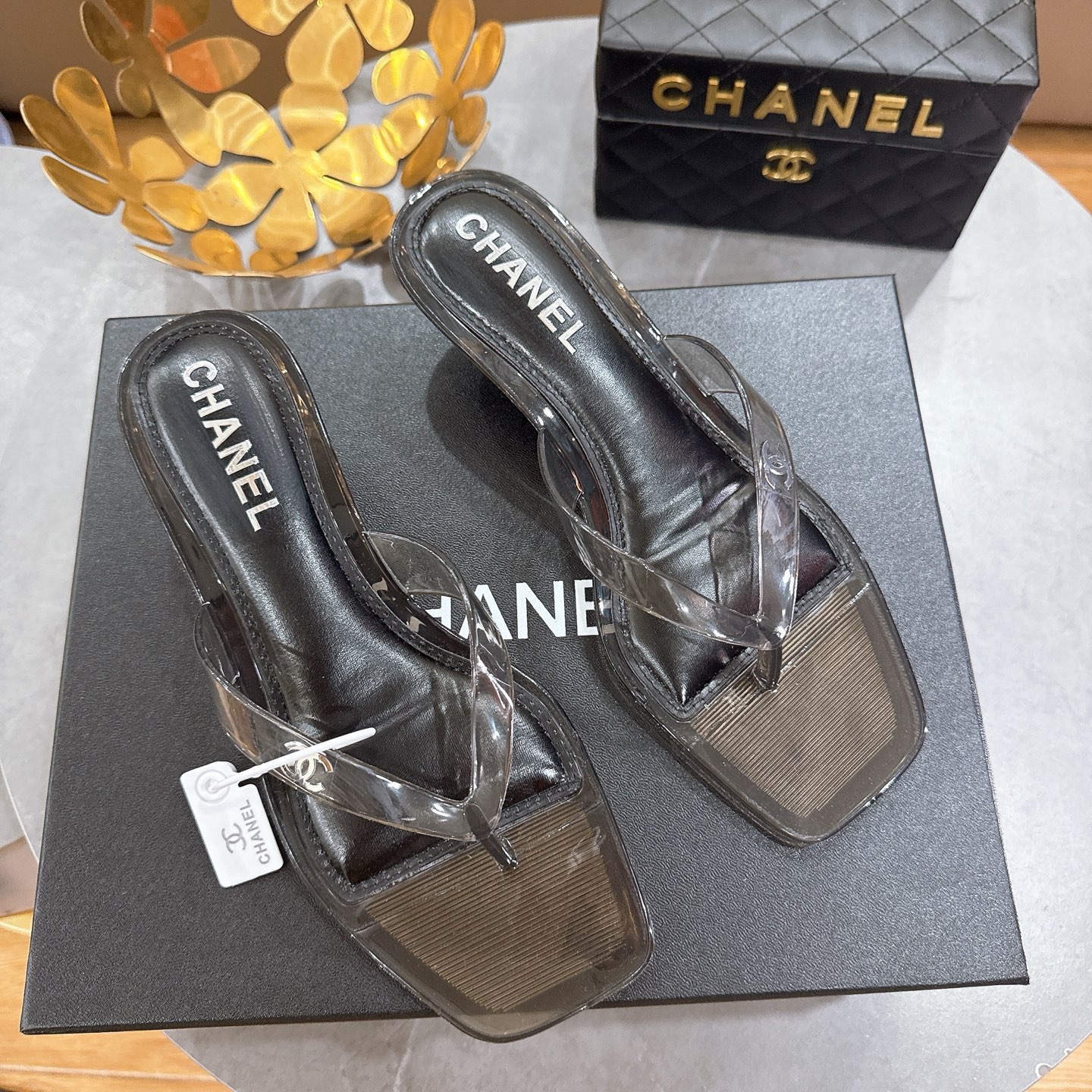 Chanel CC Logo Transparent PVC Jelly Square Toe Kitten Heel Beach Thong Sandals - KAIROO