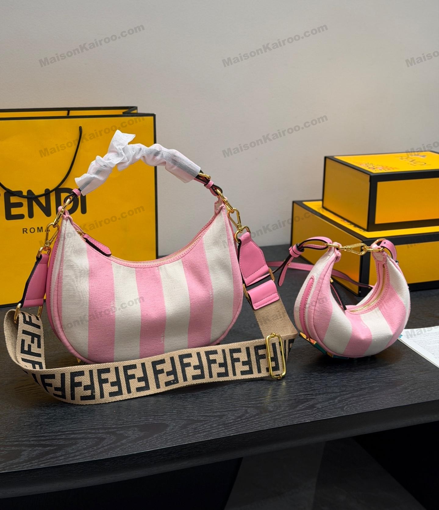 Fendi Fendigraphy FF Mini & Small Pink White Vertical Stripe Canvas Bottom Logo Shoulder Bag - KAIROO