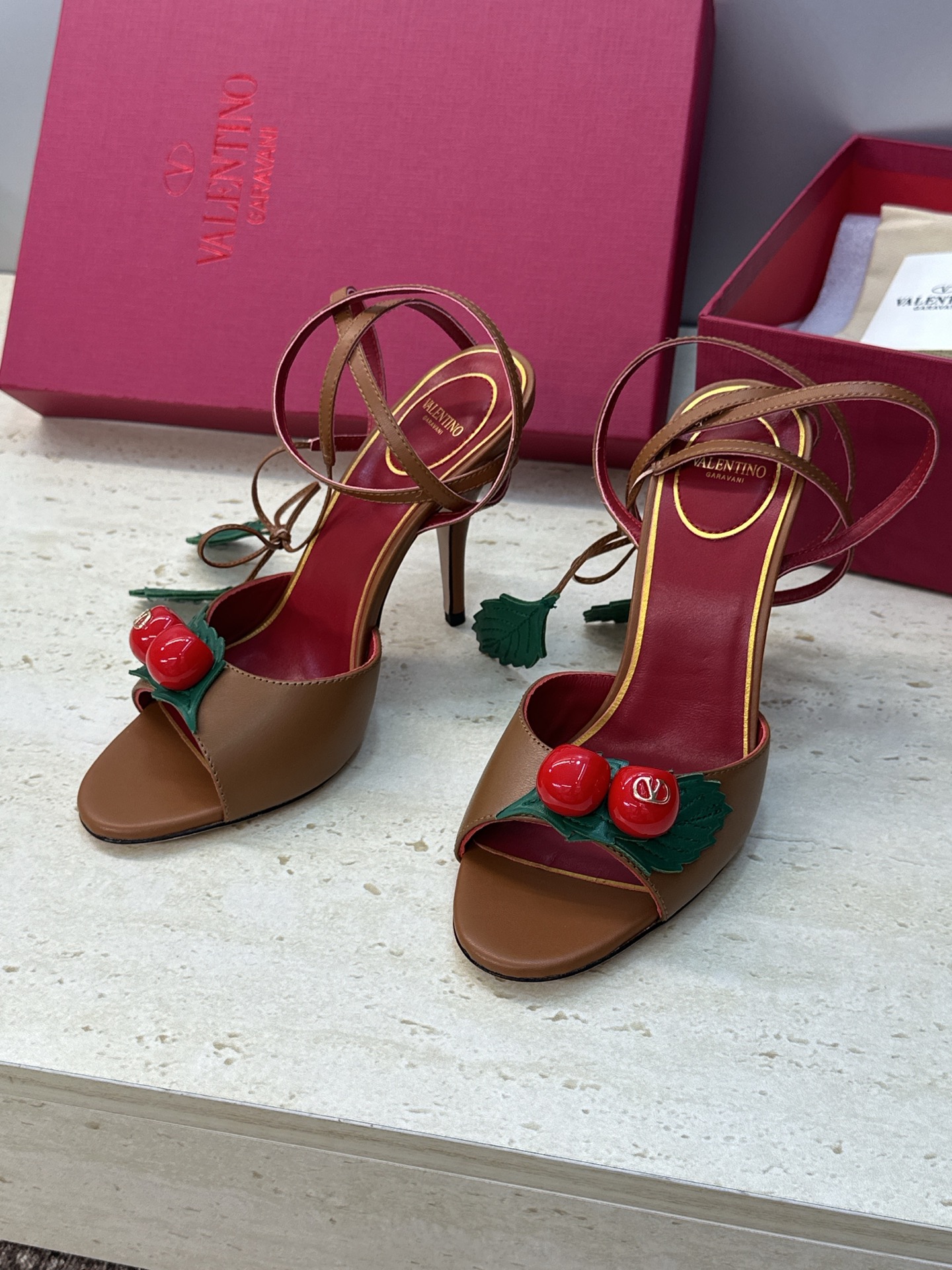 Valentino Garavani Brown 3D Cherry Leather Leaf Charm Metallic Leather Stiletto Toe Heel Sandals - KAIROO