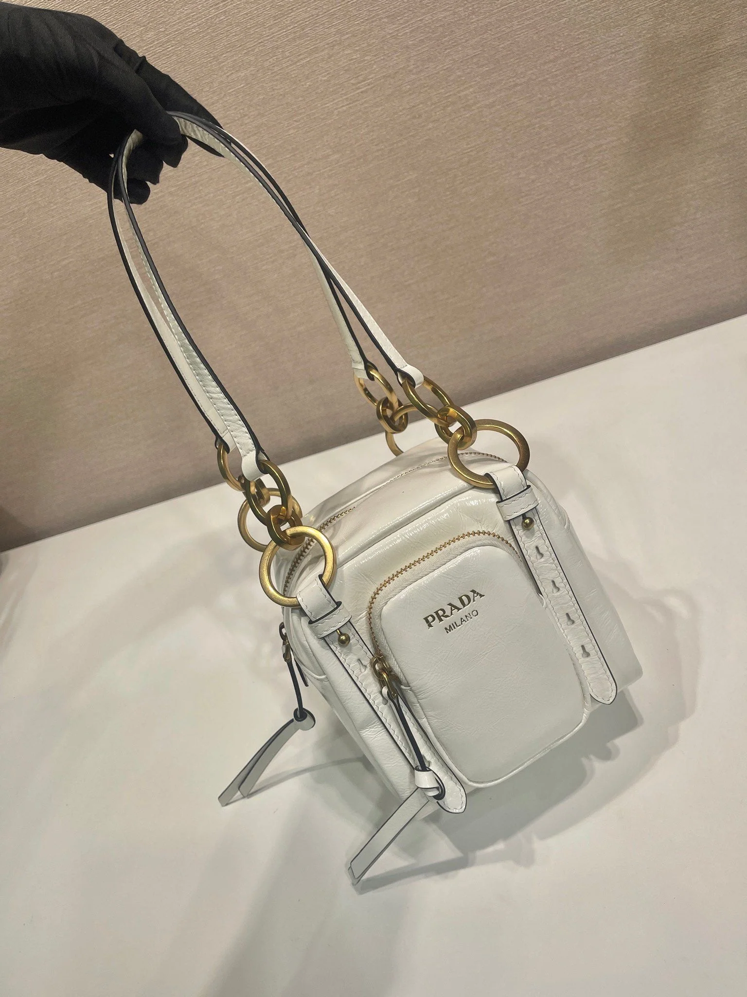Prada SMALL RECTANGULAR BAG 14 IN WHITE OIL WAX LAMBSKIN GOLD HARDWARE