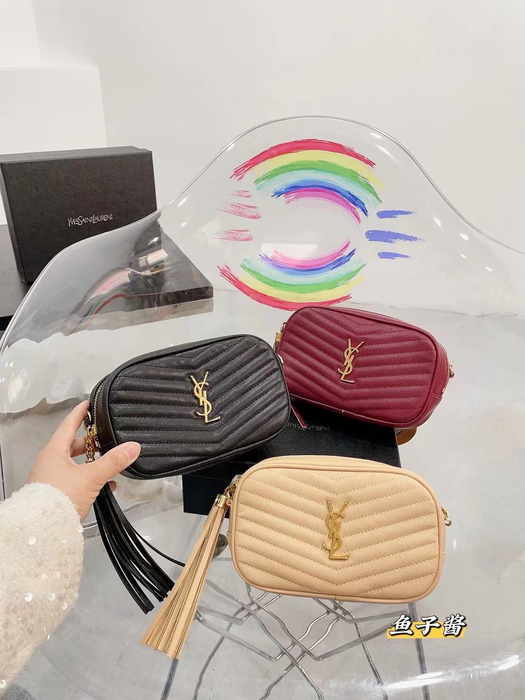 Saint Laurent Lou Mini Matelassé Chevron Quilted Caviar Leather YSL Logo Tassel Camera Crossbody Bag - KAIROO