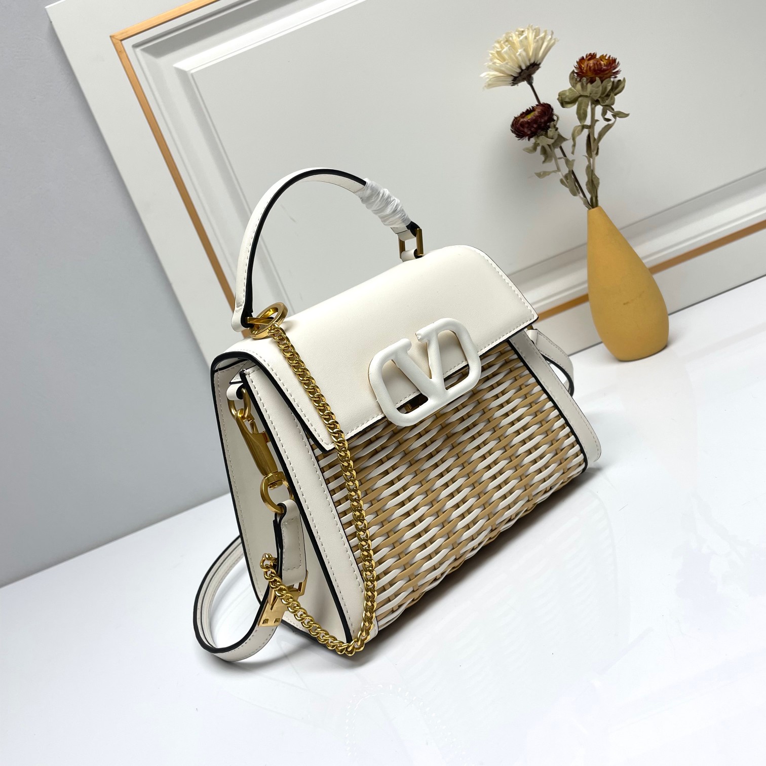 Valentino Tonal VLogo Signature White Woven Leather Gold Chain Handle Shoulder Crossbody Bag - KAIROO