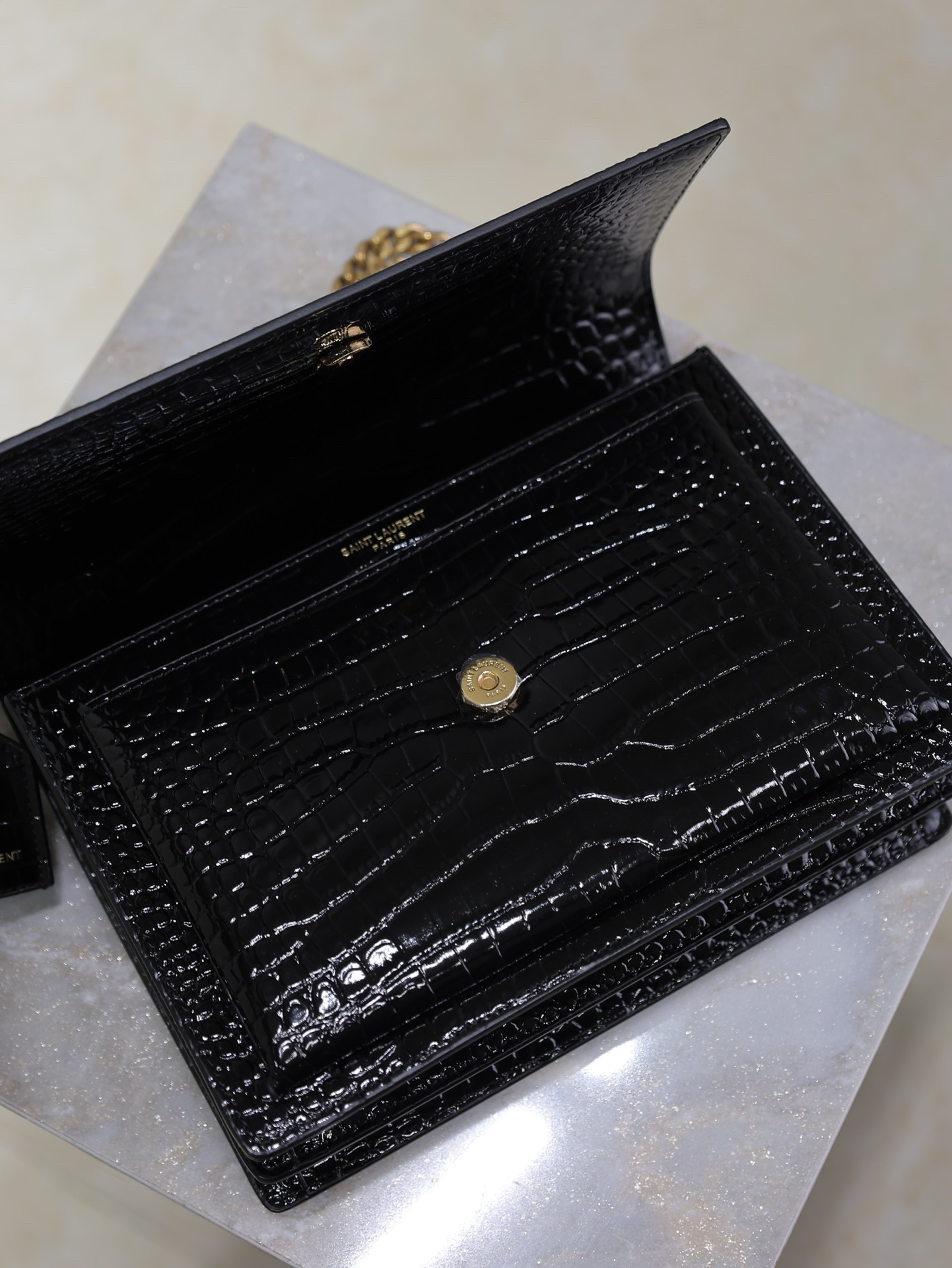 Saint Laurent YSL Black Crocodile Pattern Chain Shoulder Bag