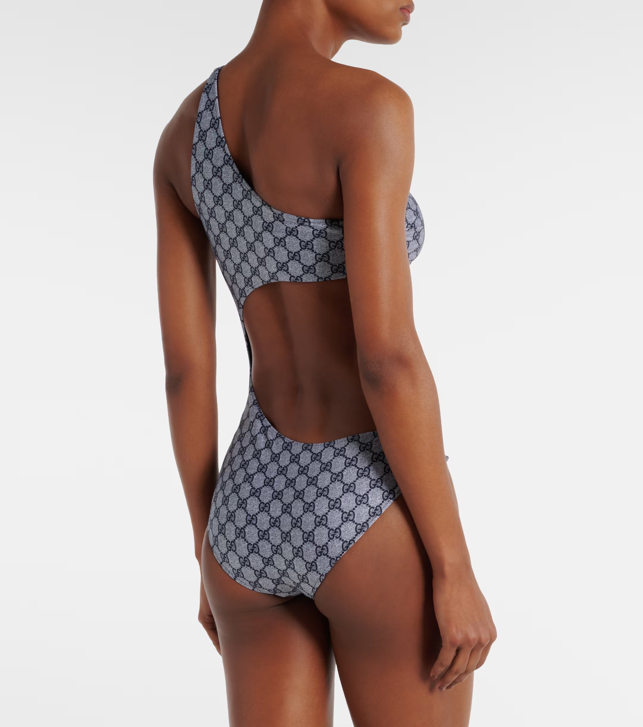 Gucci GG Monogram Denim Blue Lurex One-Shoulder Waist Cutout One-Piece Swimwear - KAIROO