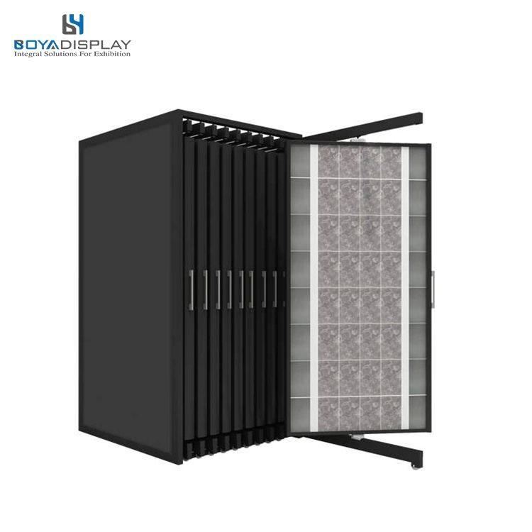 Modern Eco-Friendly Metal Sliding Tile Display Rack-Customizable Shelves & Height Push-Pull Tile Sample Stand for Showroom Use