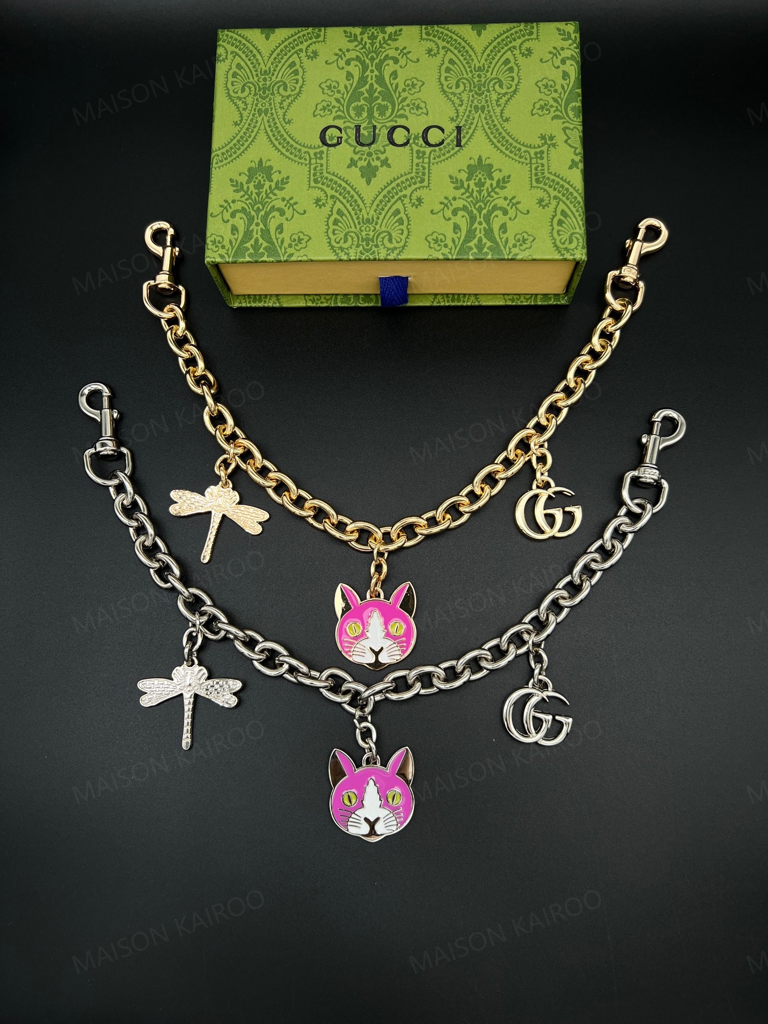 Gucci Pink Cat Enamel Chain Bag Charm Keychain - KAIROO