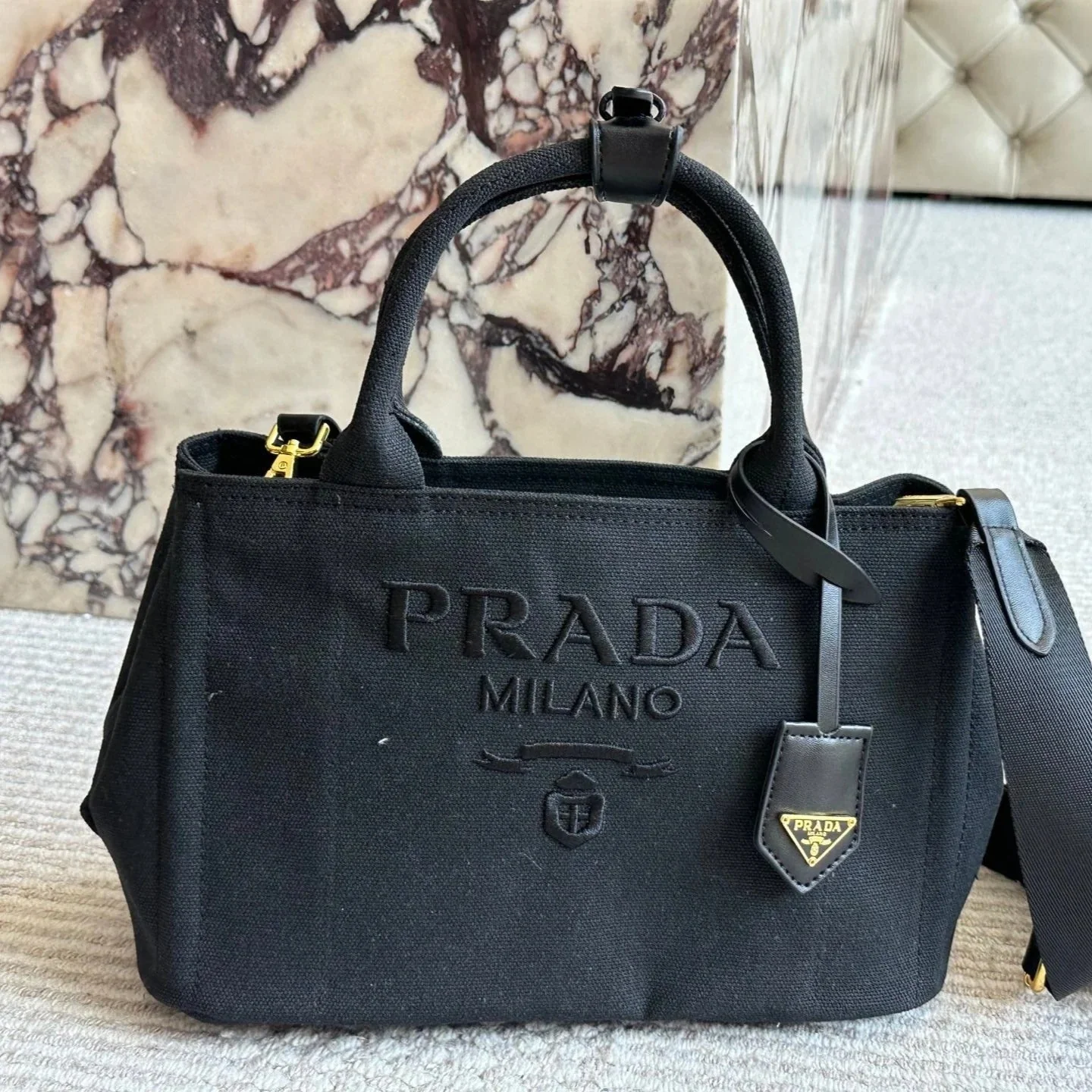 Prada EMBROIDED LOGO LARGE HANDBAG 30 IN BLACK LINEN BLEND