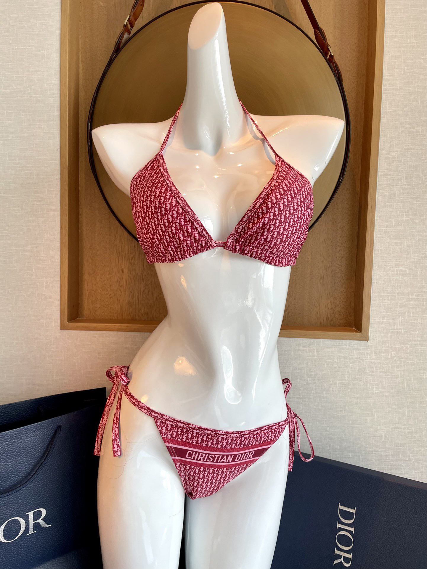 Dior Red Oblique Monogram Print Tie Strap Triangle Bikini Two-Piece Swimsuit - KAIROO