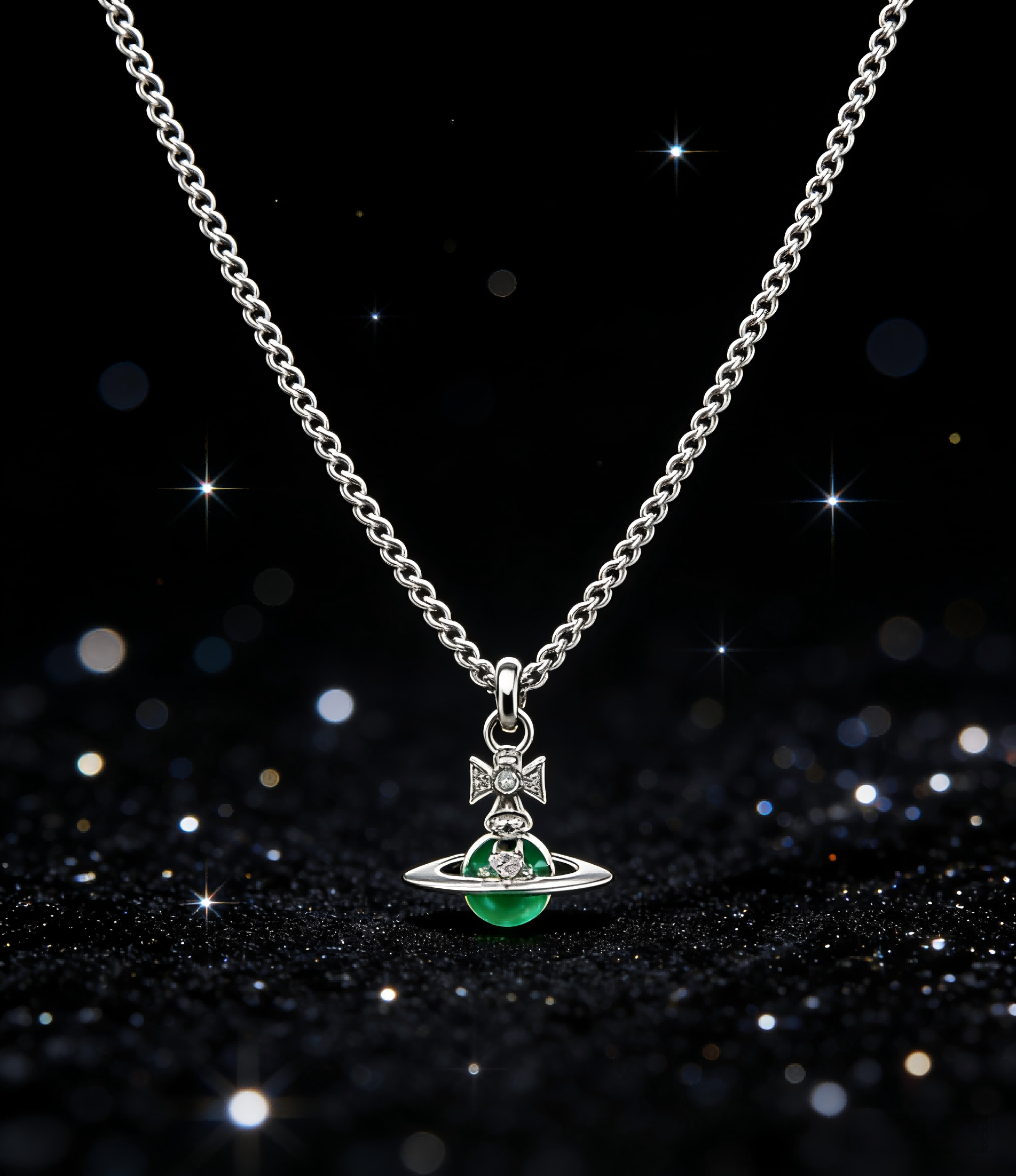 2026 New Vivienne Westwood Style Silver Green Crystal Saturn Pendant Necklace - Dainty Emerald Celestial Jewelry for Women