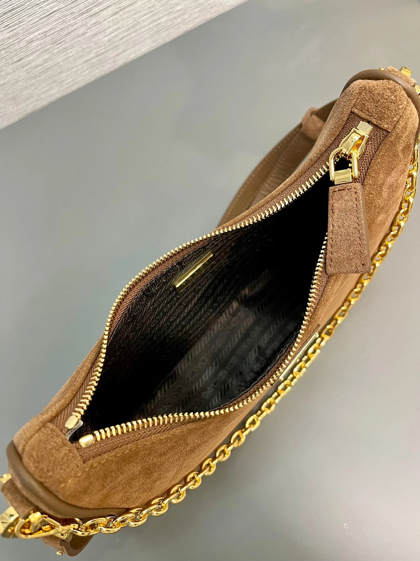 Prada HOBO BAG 23 IN RUSSET BROWN SUEDE GOLD CHAIN