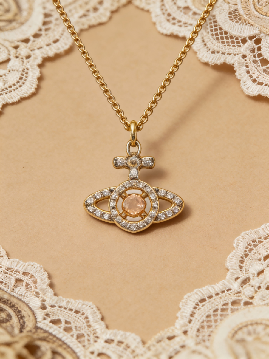 Dainty Gold Saturn Pendant Necklace – Sparkling Pink Accent Jewelry Gift for Her