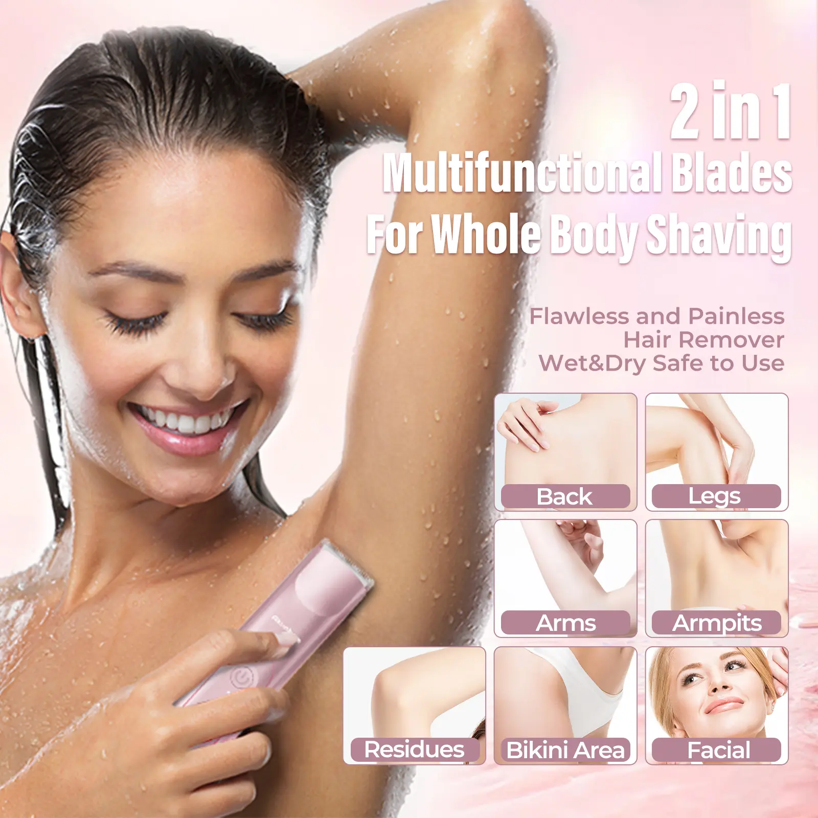 Akunbem Bikini Trimmer for Women, Electric Shaver and Razor Rechargeable 2-in-1 Body and Facial Epilator, Dual Heads for Painless Trimming of Pubic Hair, Face, Underarms and Legs, IPX7 Waterproof.