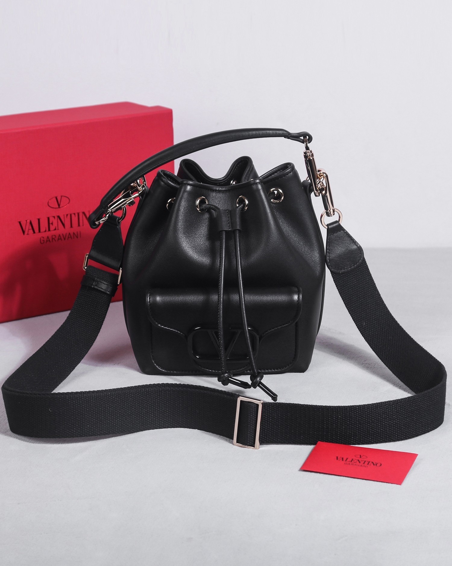 Valentino Black Tone-on-tone VLogo Signature Smooth Leather Drawstring Bucket Crossbody Bag - KAIROO