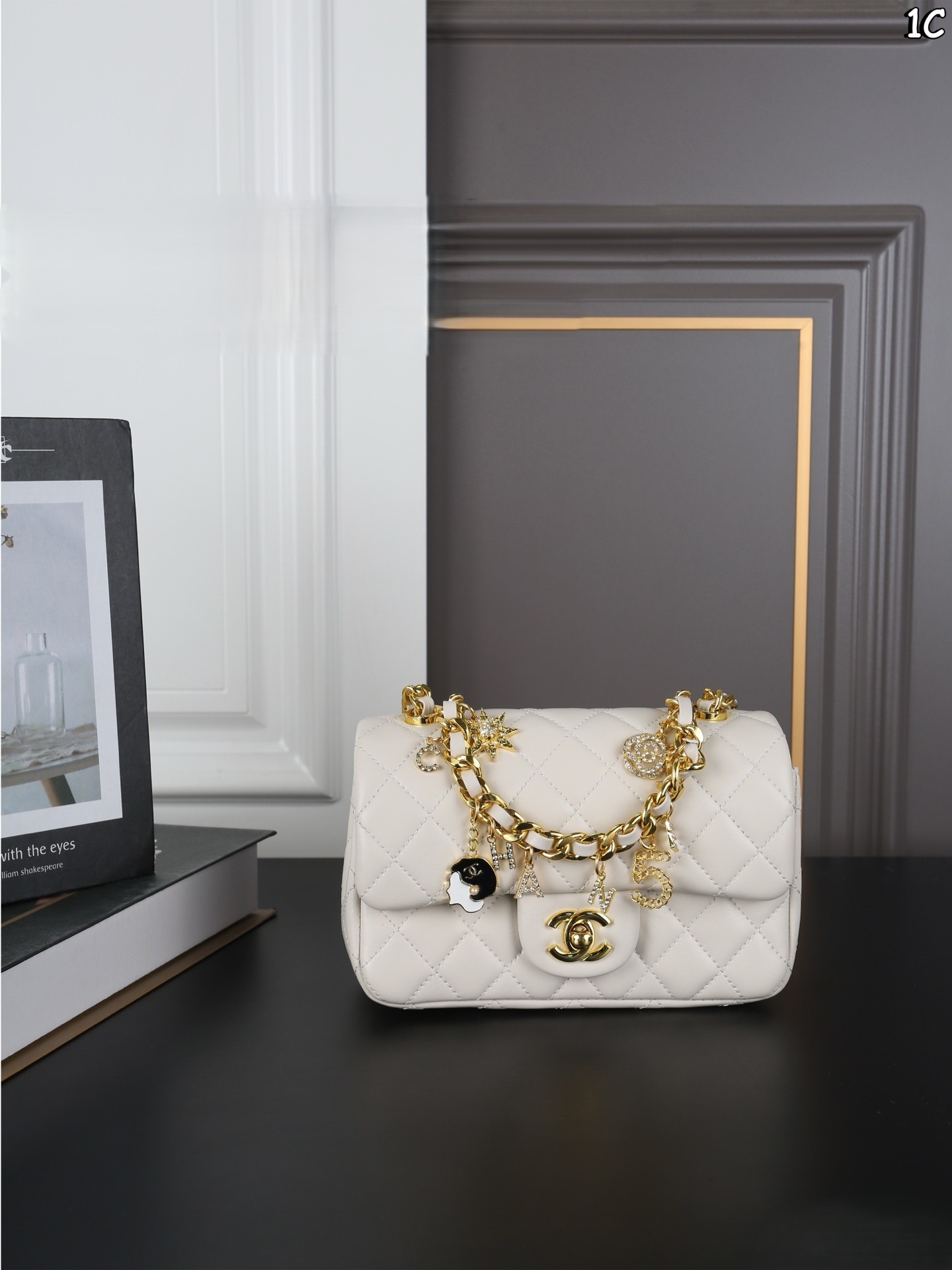 Chanel CF Mini 19CM Quilted Leather Crystal Gold Lucky Charms Rectangular Flap Shoulder Bag - KAIROO