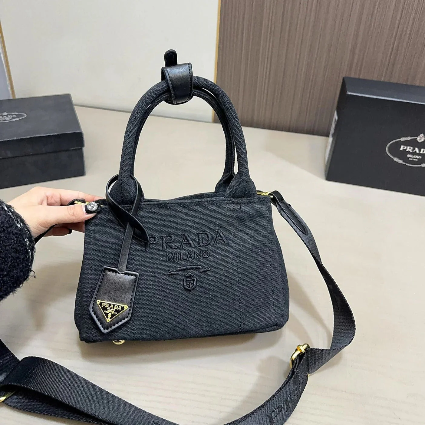Prada EMBOSSED LOGO MINI TOTE BAG 22 IN BLACK FABIC