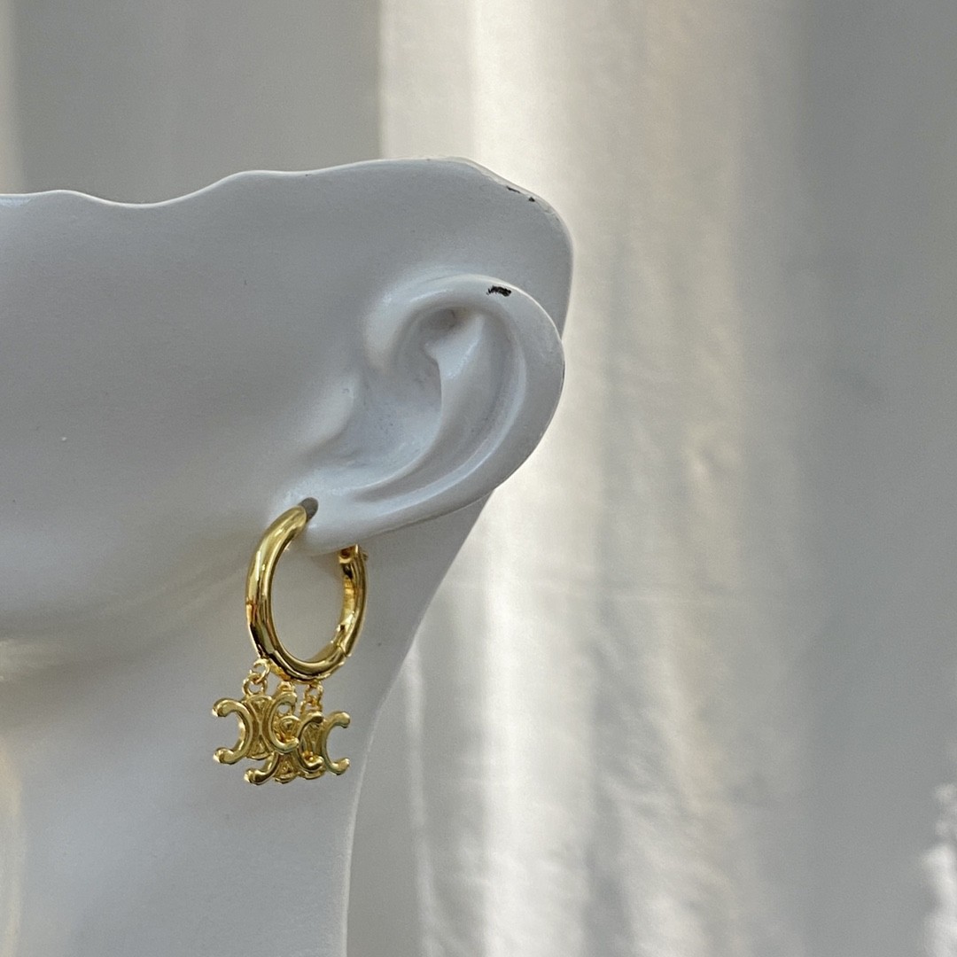 Celine Gold Finish Triple Triomphe Logo Charms Circular Hoop Earrings - KAIROO