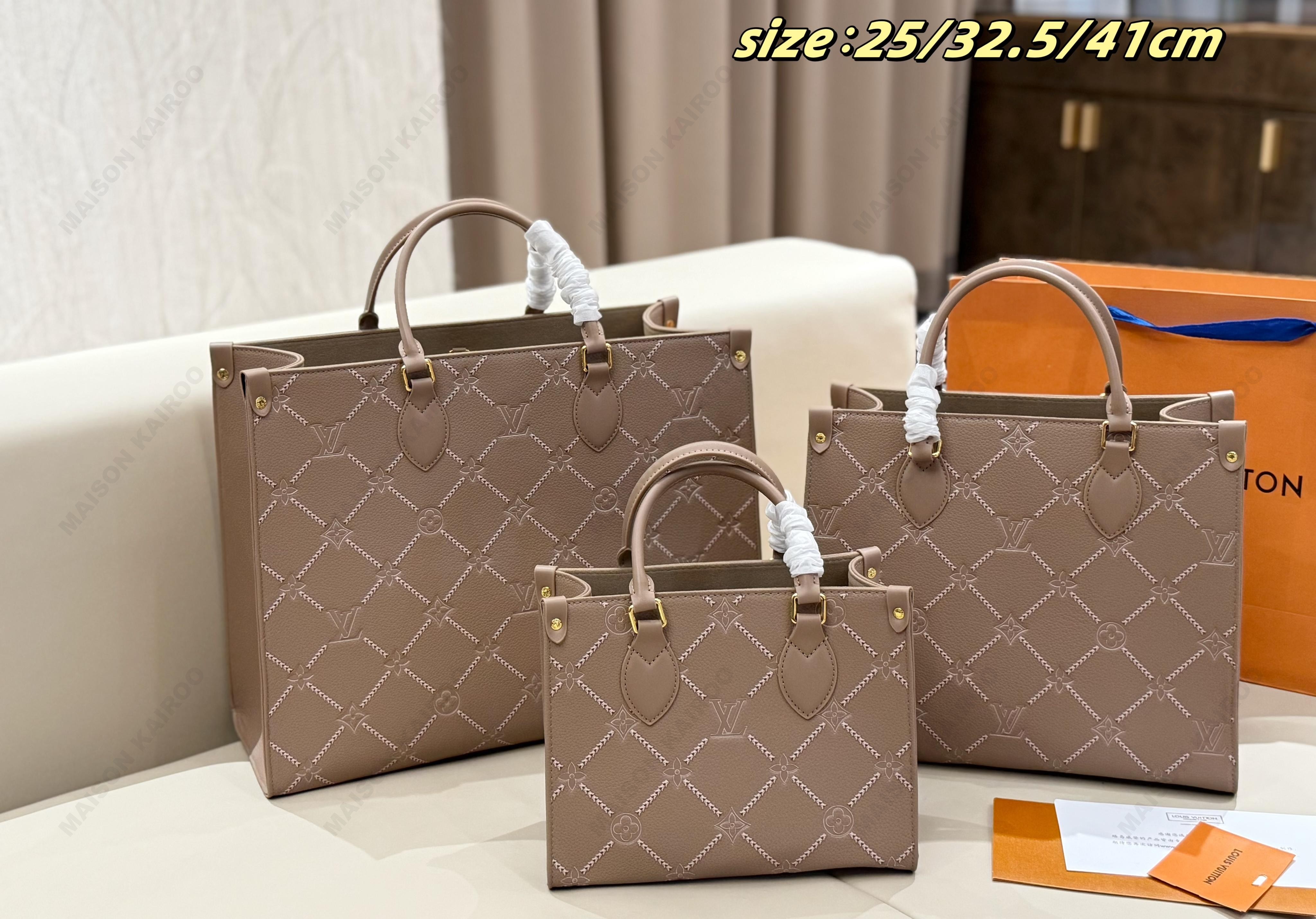 Louis Vuitton LV OnTheGo PM/MM/GM Taupe Diamond Stitch Monogram Empreinte Leather Top Handle Tote Bag - KAIROO