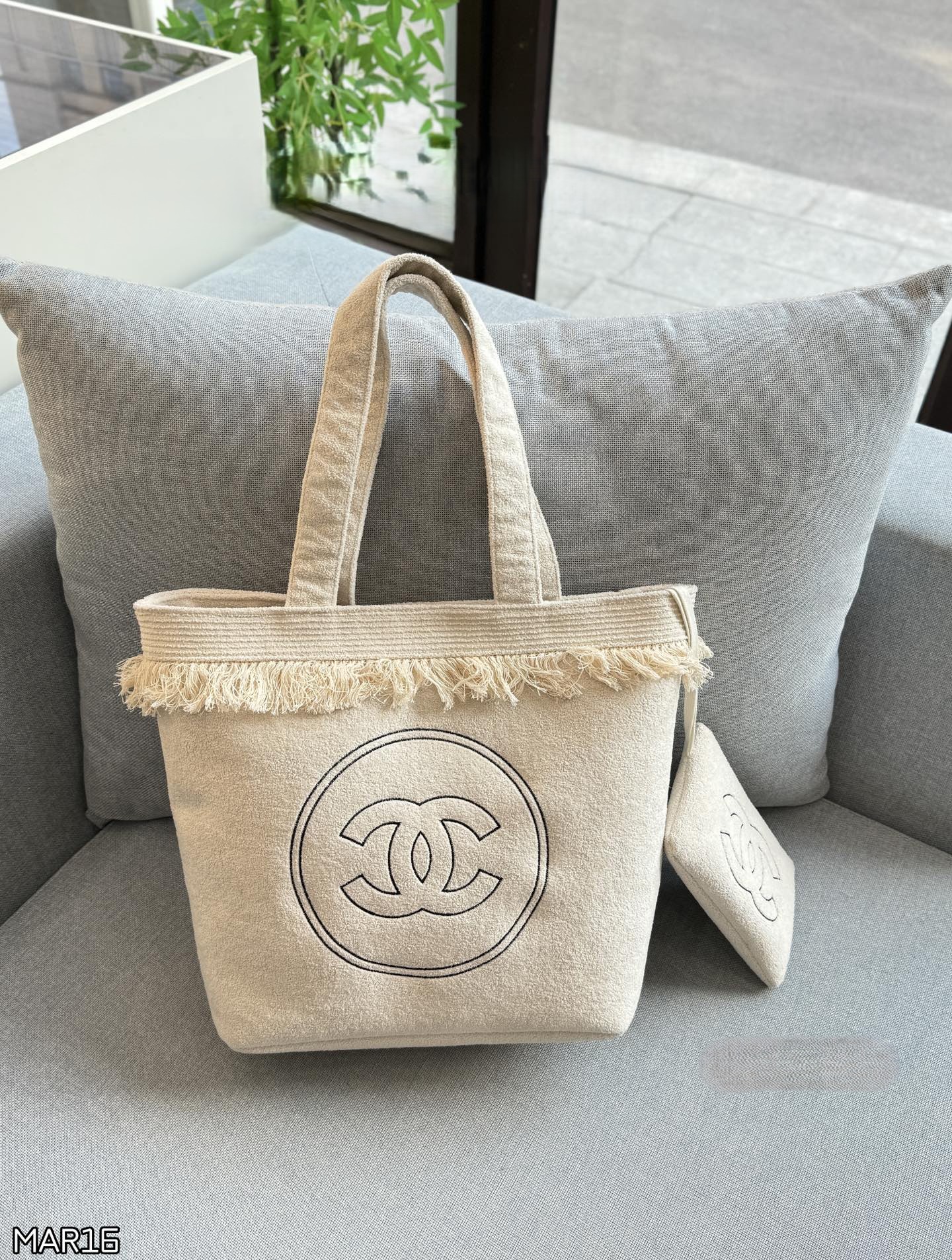 Chanel Terry Cloth Fringe Trim Embroidered Circle CC Logo Beach Shopping Tote Bag With Pouch - KAIROO