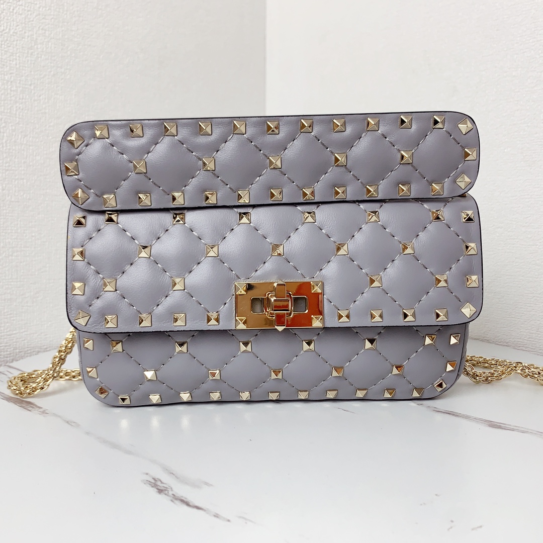 Valentino Classic Spike Medium Shoulder Bag in Lambskin-Grey