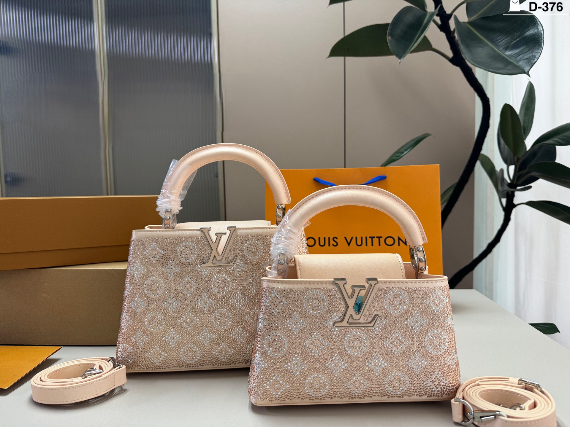 Louis Vuitton LV Capucines BB/Mini Champagne Nude Full Crystal Rhinestone Monogram Leather Top Handle Bag - KAIROO