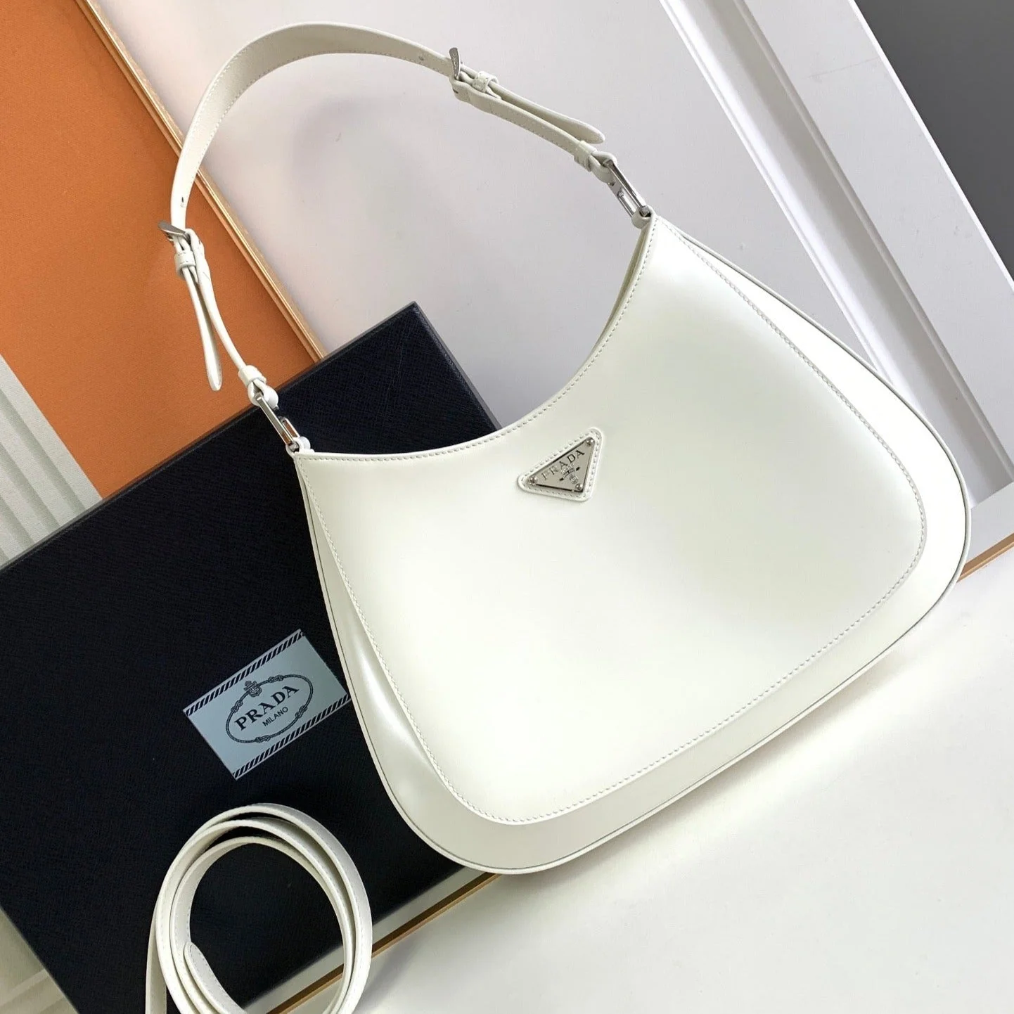 Prada CLEO 30 WHITE BRUSHED LEATHER SHOULDER BAG