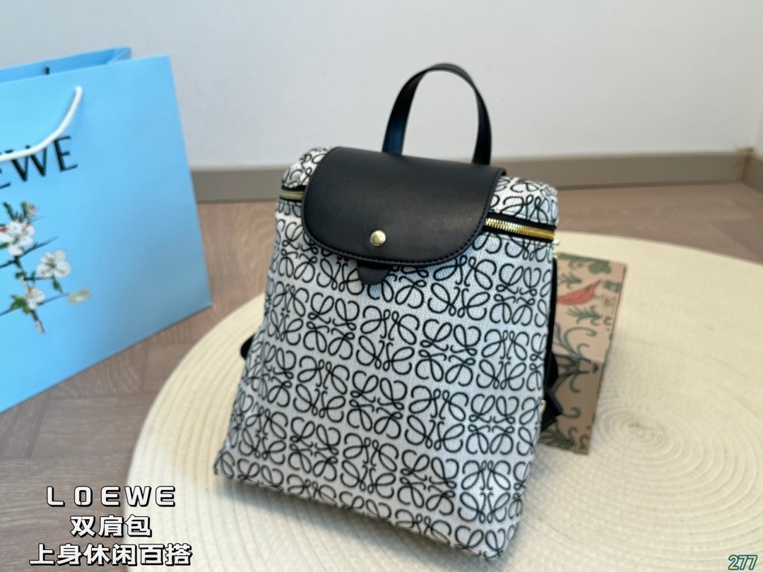 Loewe Black Anagram Jacquard Canvas with Leather Flap Drawstring Backpack - KAIROO