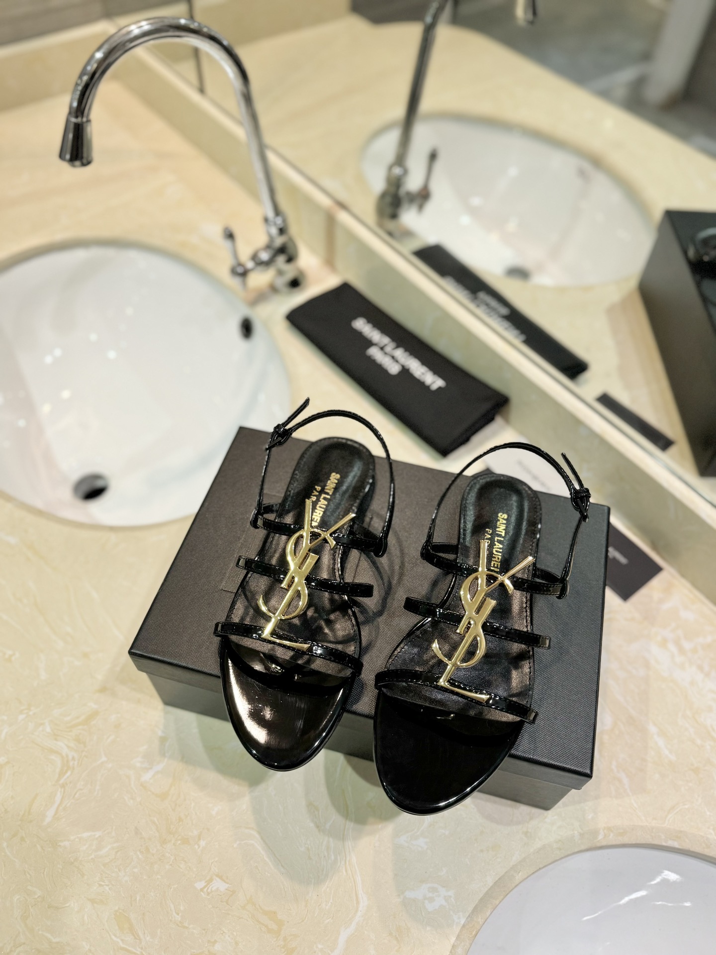 Saint Laurent YSL Logo Cassandra Triple Strappy Patent & Smooth Leather Slingback Sandals Flats - KAIROO