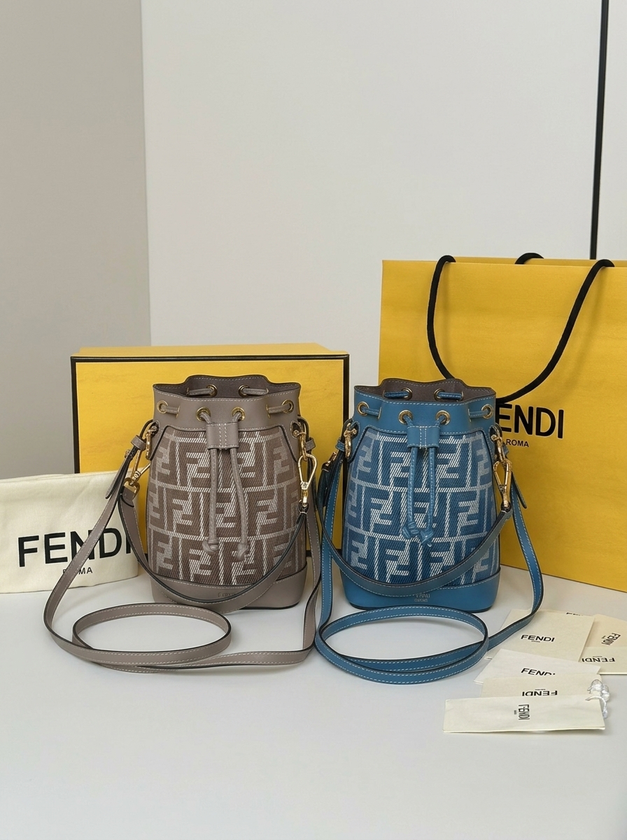 【15A】Fendi Grey / Blue  FF Jacquard Canvas Mon Tresor Mini Drawstring Bucket Bag - KAIROO